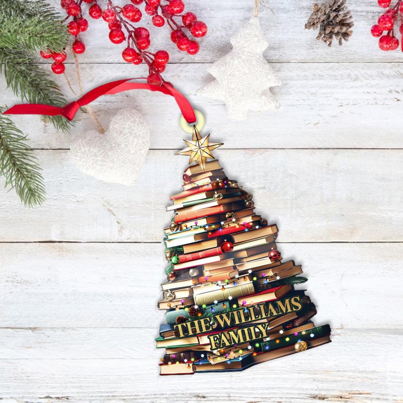 Personalized Family Christmas Ornament, Christmas Tree Ornament, Bookish Ornament, Family Name Ornament, Book Lover Gift, Bookworm Gifts. COBILUMIE32