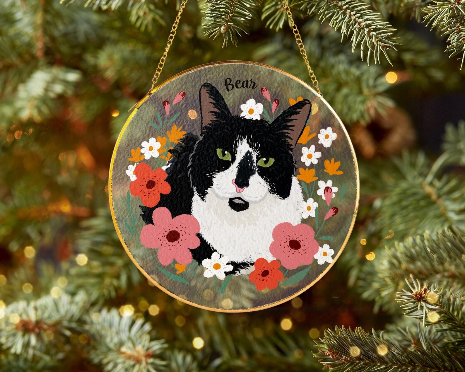 Custom Cat Portrait Glass Suncatcher with Gold Frame & Stand, Pet Memorial Gift, Cat Mom Gift, Loss Of Pet Sympathy Gift, Christmas Decor. SCCBILUMMIE34