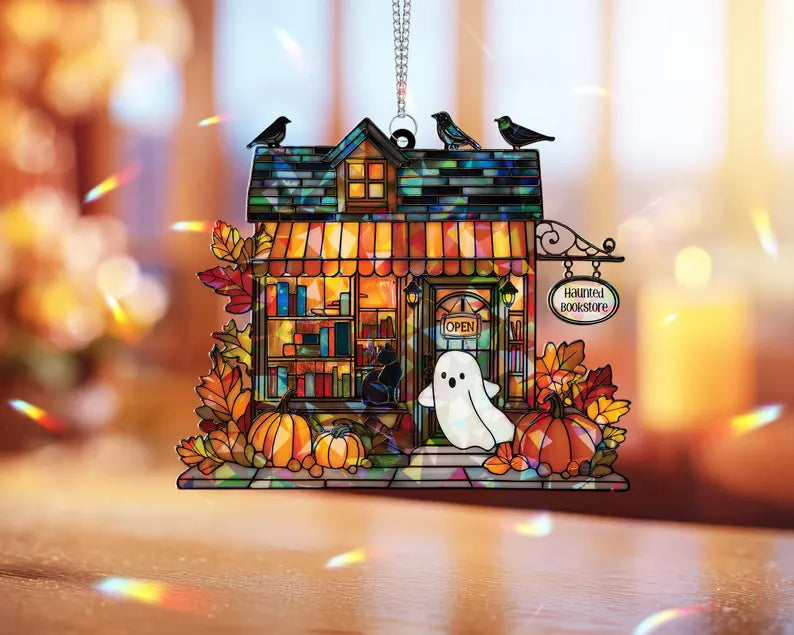 Halloween Haunted Bookstore Window Hanging, Halloween Ghost Window Hanging, Bookworm Gift, Fall Decor, Book Lover Gift, Spooky Home Decor, SCCBILUMIE3