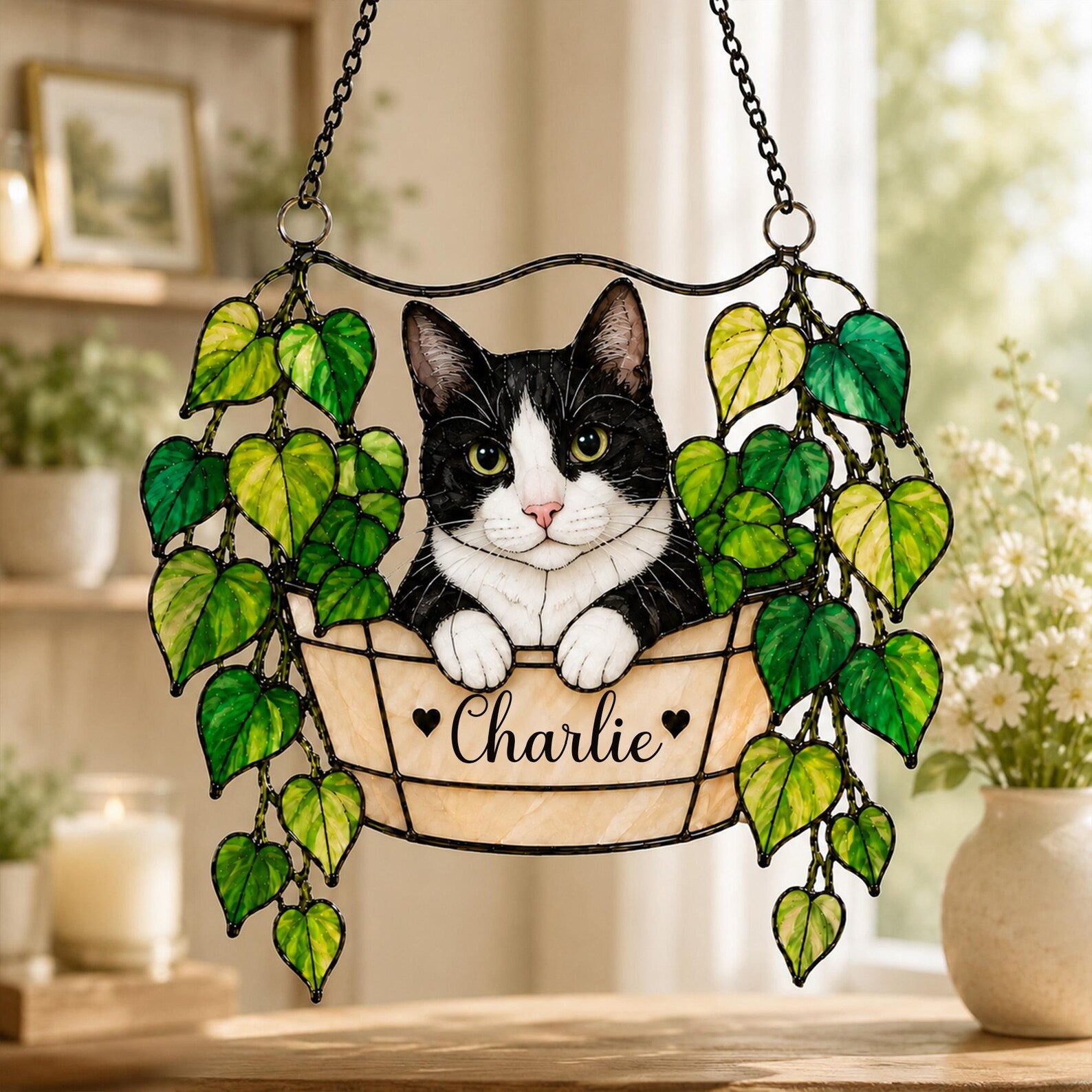 Personalized Cat Portrait Glass Suncatcher, Pothos Plant Suncatcher, Cat Lover Gift, Botanical Glass Art, Cat Mom Gift, Window Hanging. SCCBILUMMIE6