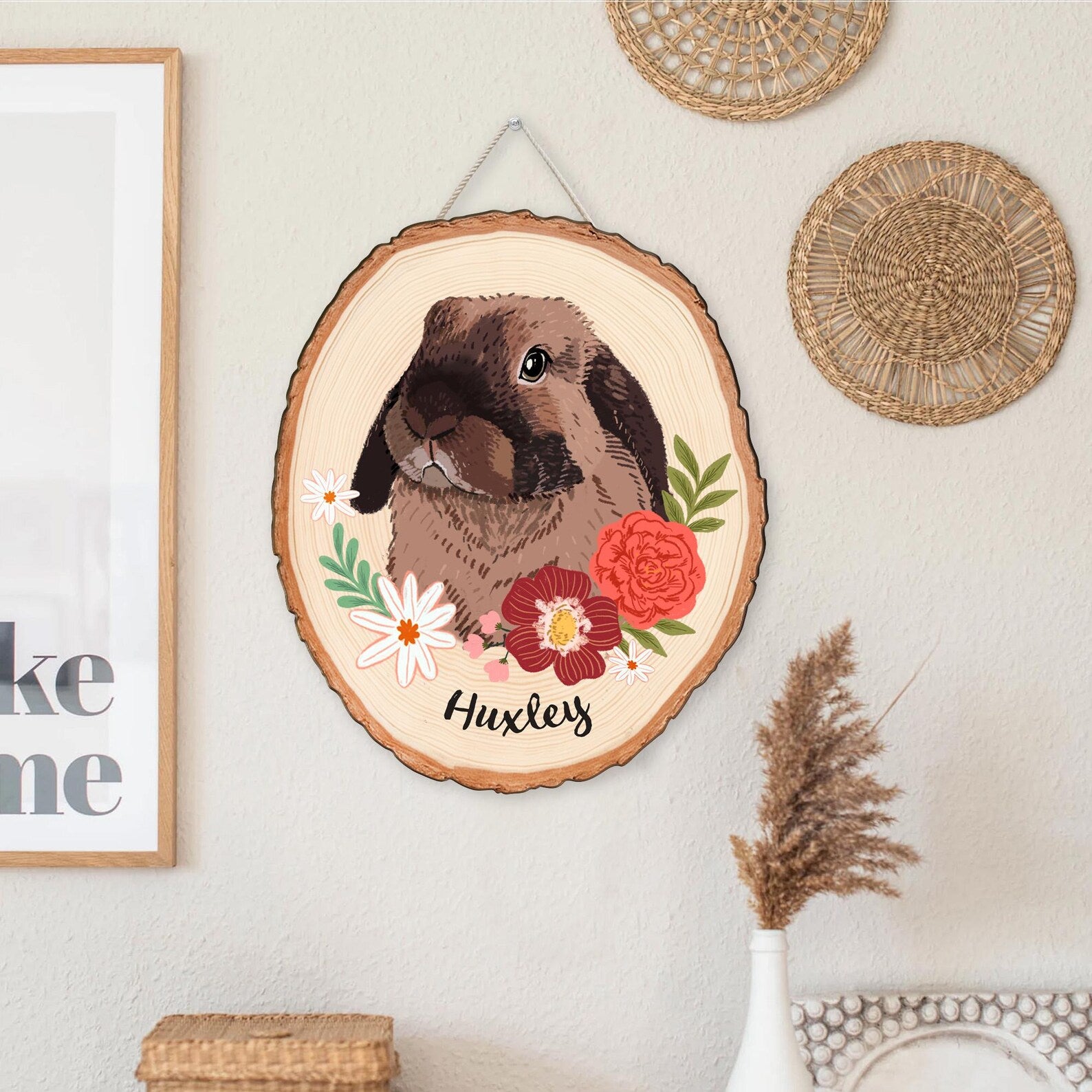 Custom Rabbit Portrait Wooden Hanging, Custom Pet Portrait From Photo, Bunny Memorial Gift, Pet Portrait Wall Art, Pet Loss Sympathy Gift. WHBILUMMIE4