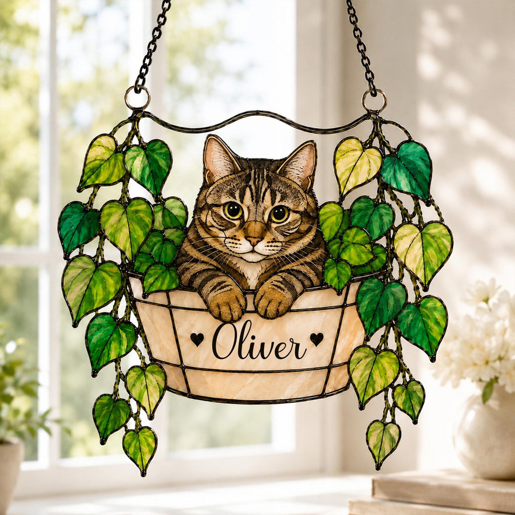 Personalized Cat Portrait Glass Suncatcher, Pothos Plant Suncatcher, Cat Lover Gift, Botanical Glass Art, Cat Mom Gift, Window Hanging. SCCBILUMMIE6