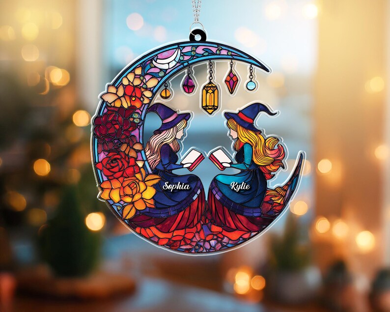 Witch Reading Window Hanging, Halloween Witch And Moon Window Hanging, Bookworm Gift, Fall Decor, Book Lover Gift, Halloween Decor, SCCBILUMIE1
