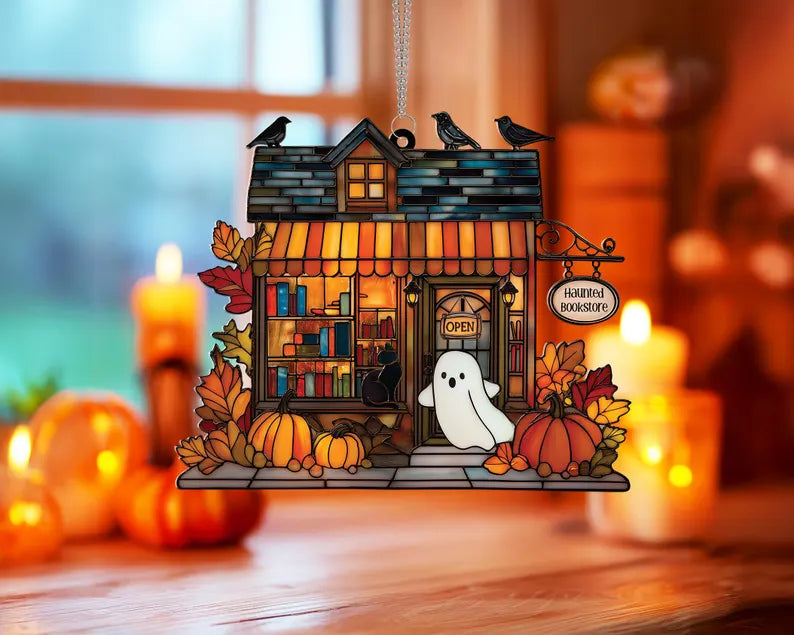 Halloween Haunted Bookstore Window Hanging, Halloween Ghost Window Hanging, Bookworm Gift, Fall Decor, Book Lover Gift, Spooky Home Decor, SCCBILUMIE3