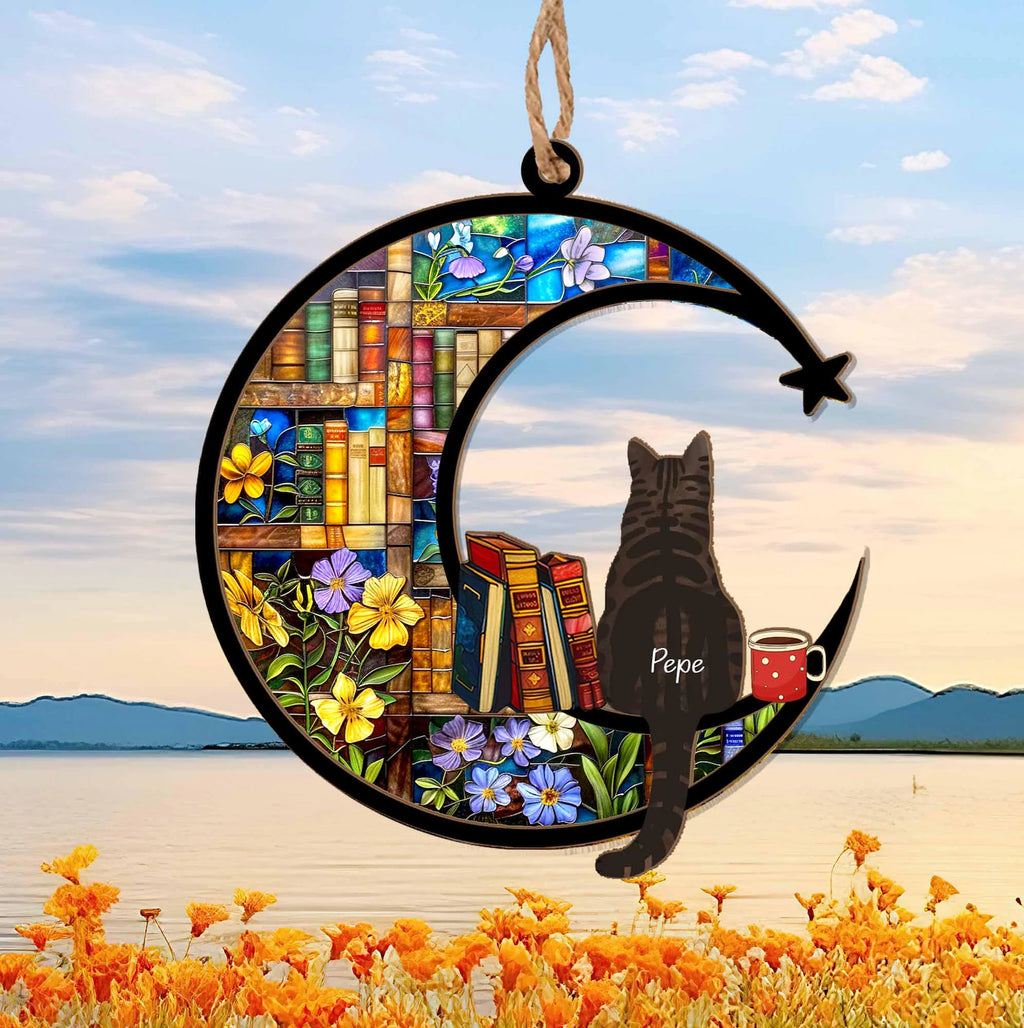 Personalized Cat Book Suncatcher, Custom Reading Cat Suncatcher, Bookish Gift, Cat Window Hangings, Gift for Cat Lover, Gift for Book Lovers. SCCBILUMMIE36