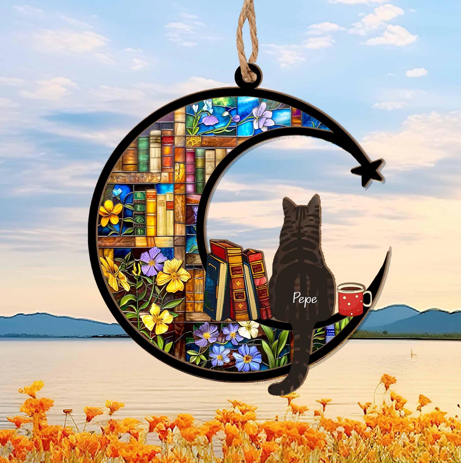 Personalized Cat Book Suncatcher, Custom Reading Cat Suncatcher, Bookish Gift, Cat Window Hangings, Gift for Cat Lover, Gift for Book Lovers. SCCBILUMMIE36