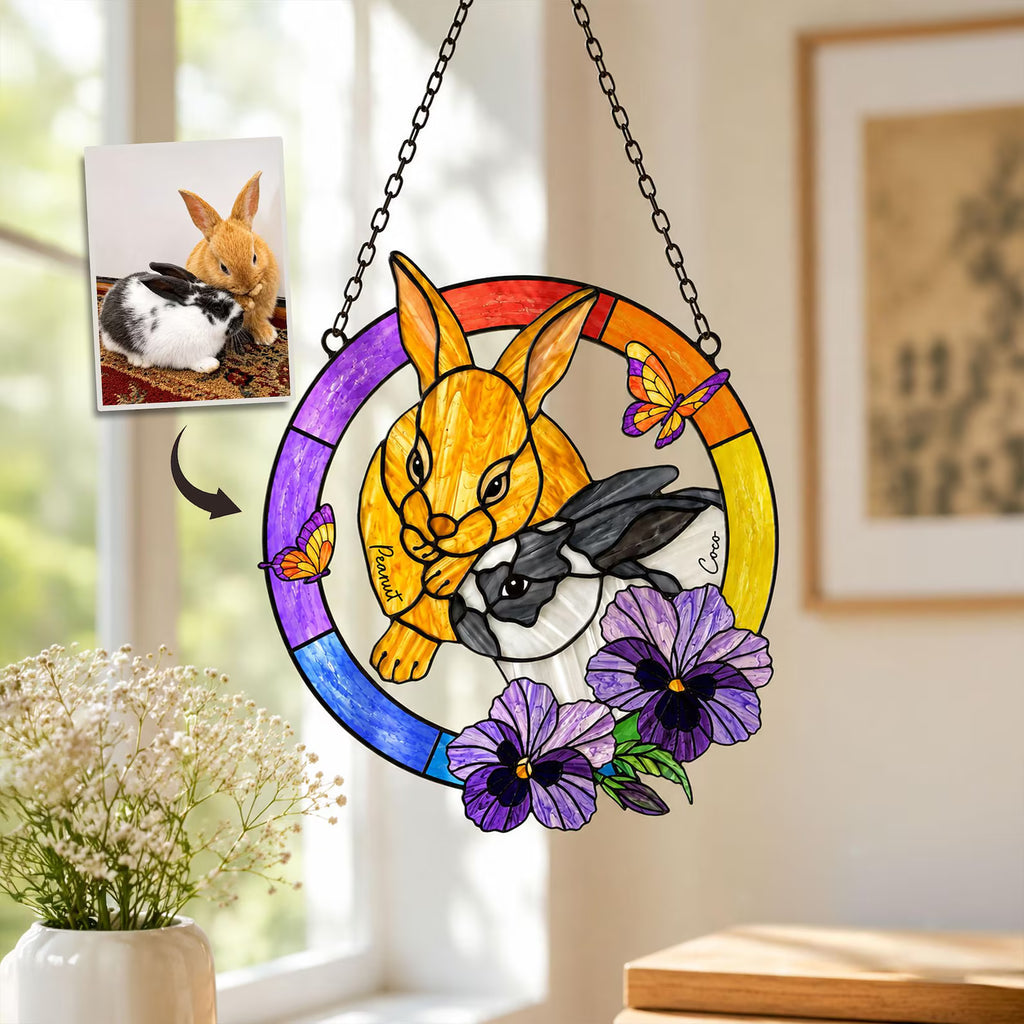 Custom Rabbit Memorial Glass Suncatcher, Custom Bunny Photo Gift, Rabbit Lover Gift, Loss Of Pet Gift, Pet Memorial Gift, Window Hanging. SCCBILUMMIE15