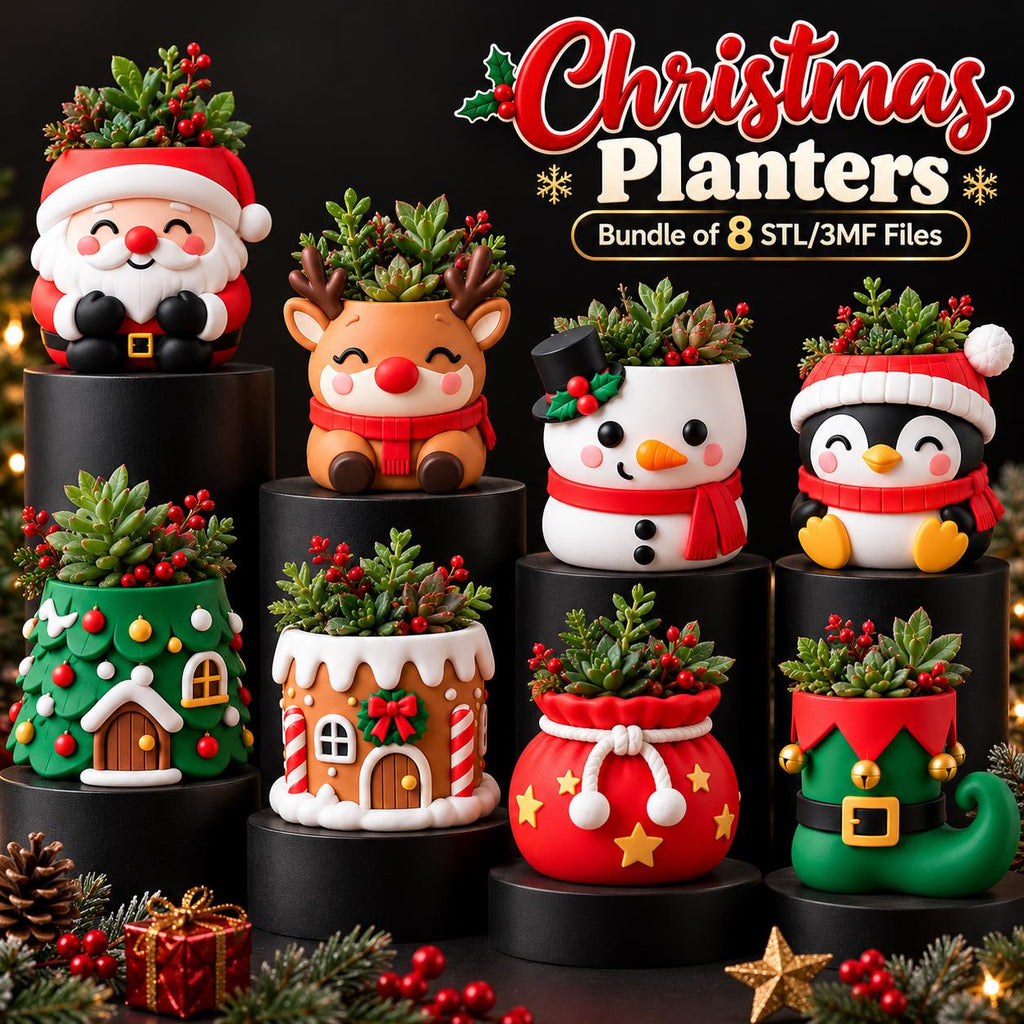 May include: A collection of eight Christmas-themed planters featuring designs of Santa, a reindeer, a snowman, a penguin, a tree, a gingerbread house, a gift sack, and an elf shoe, each holding a succulent plant with the text Christmas Planters.