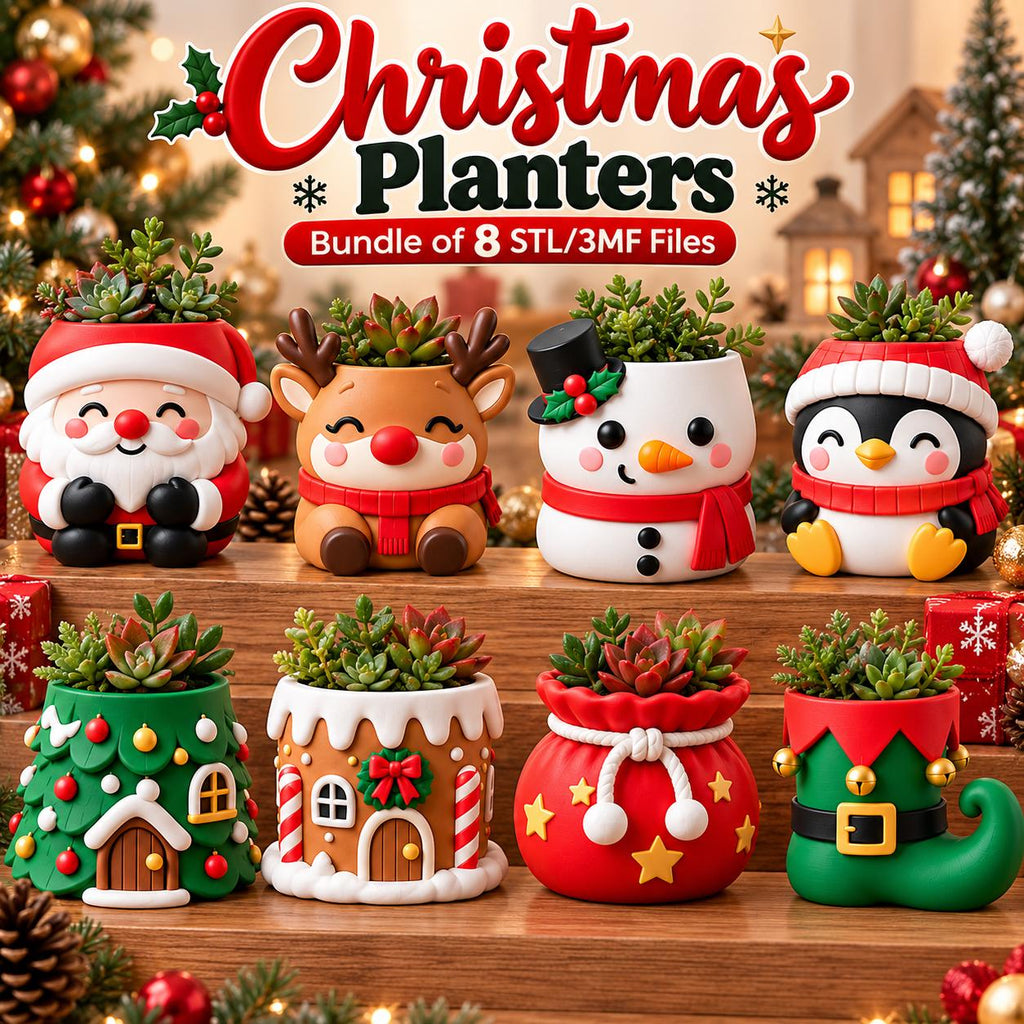 May include: A bundle of 8 Christmas-themed planters featuring designs of Santa, a reindeer, a snowman, a penguin, a tree, a gingerbread house, a gift sack, and an elf boot, each containing a small succulent plant and labeled with text.