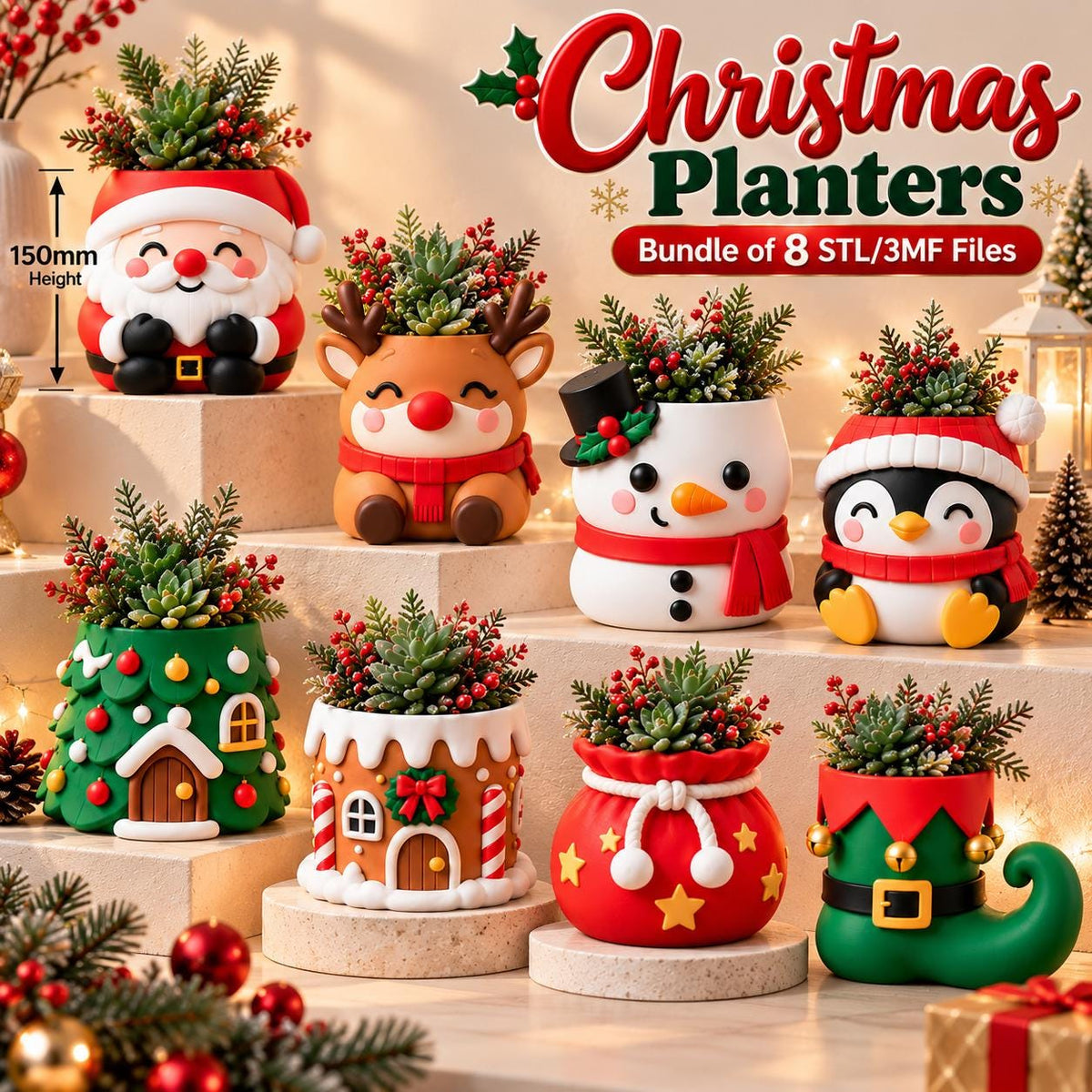 May include: A collection of eight Christmas-themed planters featuring designs of Santa, a reindeer, a snowman, a penguin, a tree, a gingerbread house, a gift sack, and an elf boot. Each planter holds a succulent and has a height of 150mm.