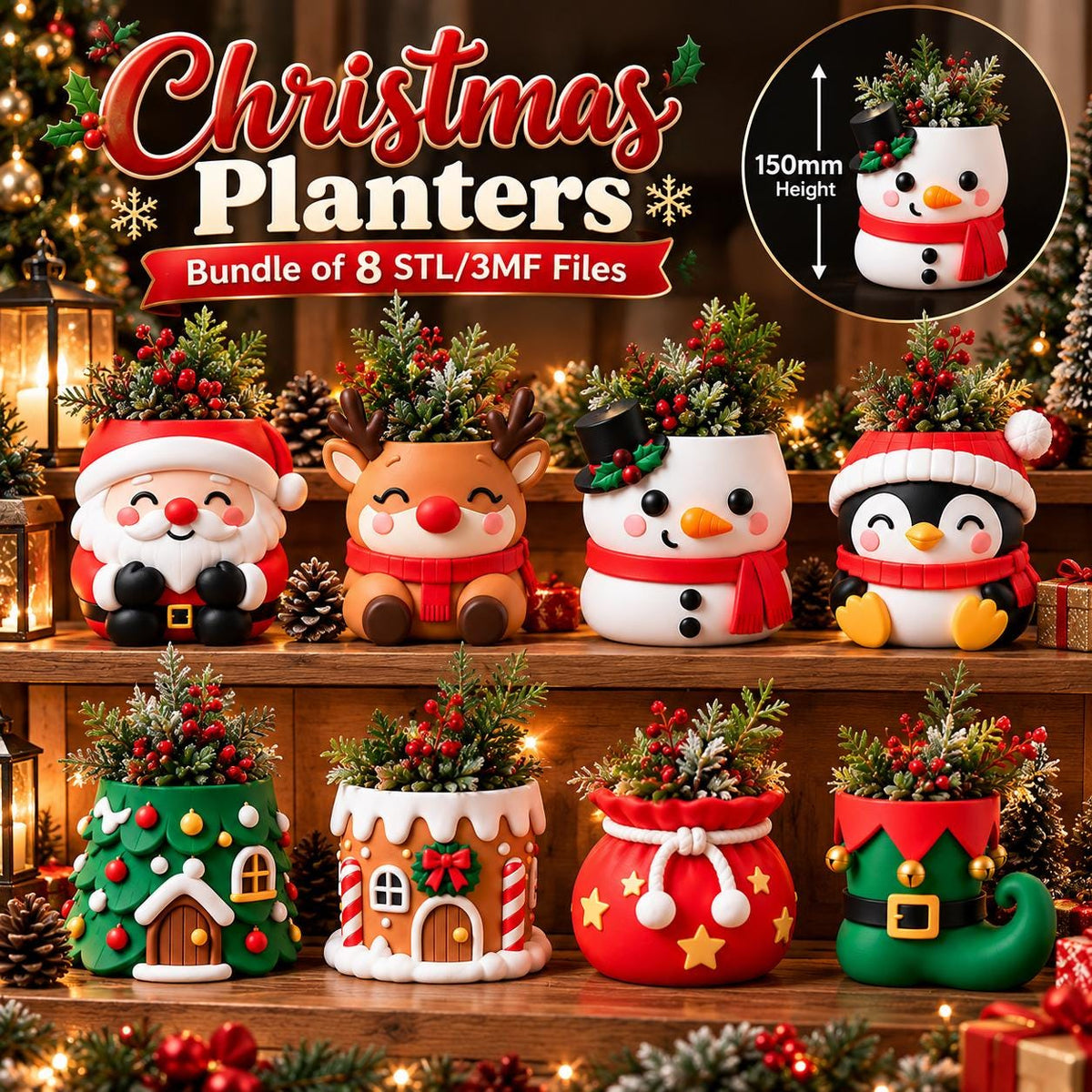 May include: A bundle of 8 Christmas planters featuring festive designs including Santa, a reindeer, a snowman, a penguin, a decorated tree, a gingerbread house, a gift sack, and an elf shoe. Each planter is 150mm in height and holds greenery.