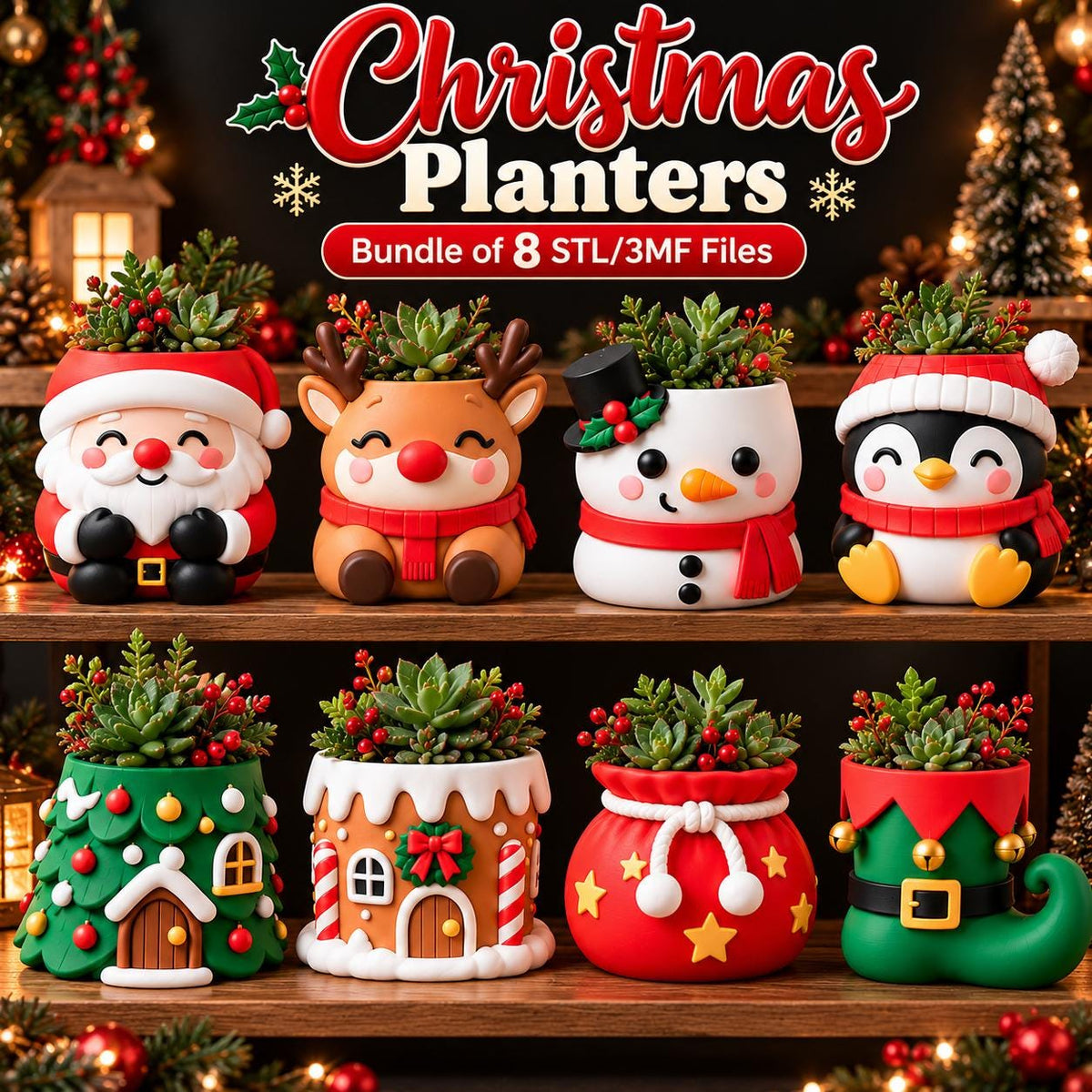 May include: A collection of eight Christmas-themed planters featuring characters like Santa, a reindeer, a snowman, a penguin, a tree, a house, a gift bag, and an elf boot, each holding a succulent plant with red berries and green leaves.