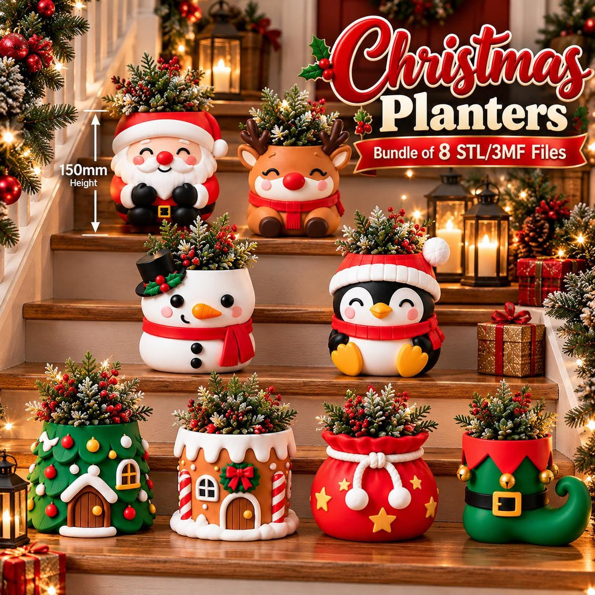 May include: A bundle of 8 Christmas planters featuring festive characters and holiday designs, including Santa, a reindeer, a snowman, a penguin, a tree, a house, a gift sack, and an elf shoe. Each planter is 150mm in height and holds greenery.
