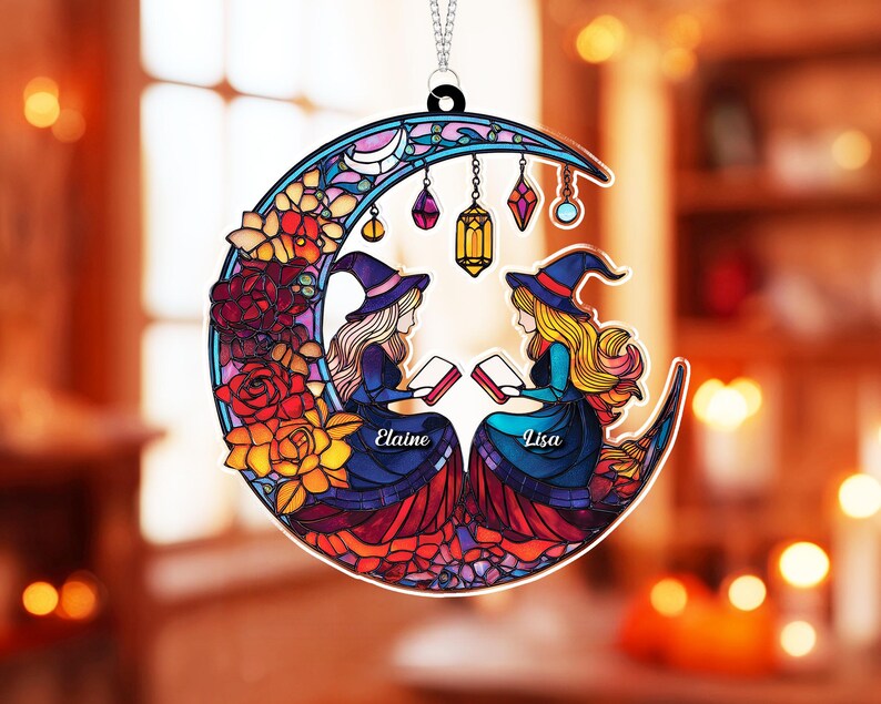 Witch Reading Window Hanging, Halloween Witch And Moon Window Hanging, Bookworm Gift, Fall Decor, Book Lover Gift, Halloween Decor, SCCBILUMIE1