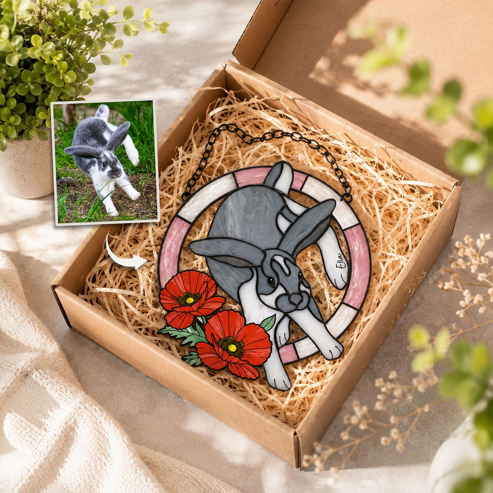 Custom Rabbit Memorial Glass Suncatcher, Custom Bunny Photo Gift, Rabbit Lover Gift, Loss Of Pet Gift, Pet Memorial Gift, Window Hanging. SCCBILUMMIE15