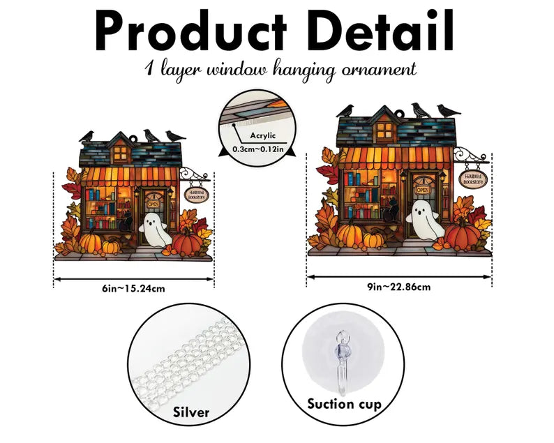 Halloween Haunted Bookstore Window Hanging, Halloween Ghost Window Hanging, Bookworm Gift, Fall Decor, Book Lover Gift, Spooky Home Decor, SCCBILUMIE3