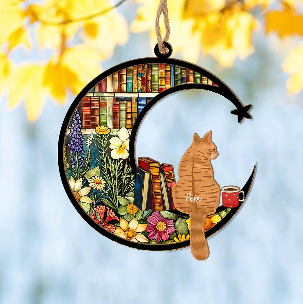 Personalized Cat Book Suncatcher, Custom Reading Cat Suncatcher, Bookish Gift, Cat Window Hangings, Gift for Cat Lover, Gift for Book Lovers. SCCBILUMMIE36