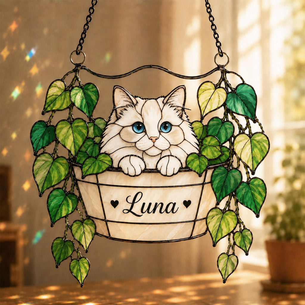 Personalized Cat Portrait Glass Suncatcher, Pothos Plant Suncatcher, Cat Lover Gift, Botanical Glass Art, Cat Mom Gift, Window Hanging. SCCBILUMMIE6