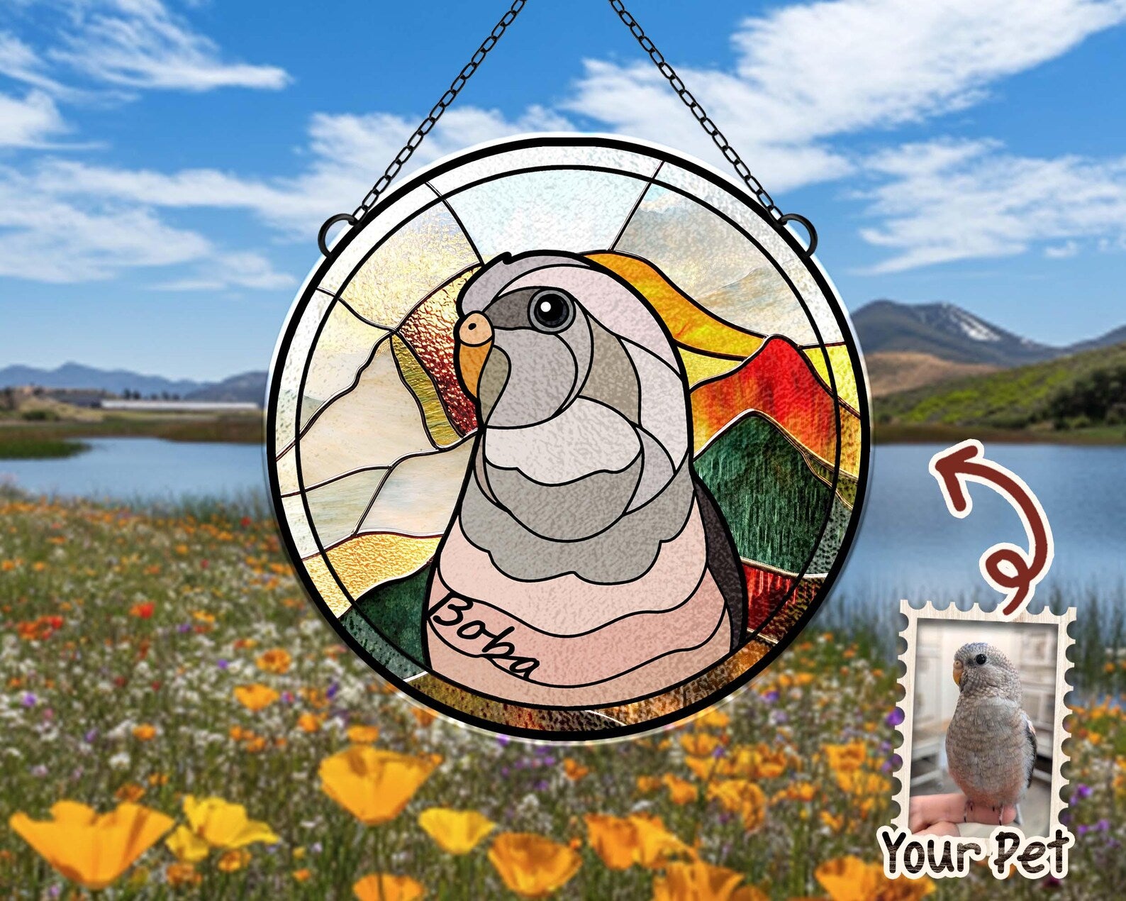 Personalized Parrot Portrait Glass Suncatcher, Bird Memorial Gift, Pet Portrait From Photo Suncatcher, Bird Lover Gift, Pet Memorial Gift. SCCBILUMMIE33