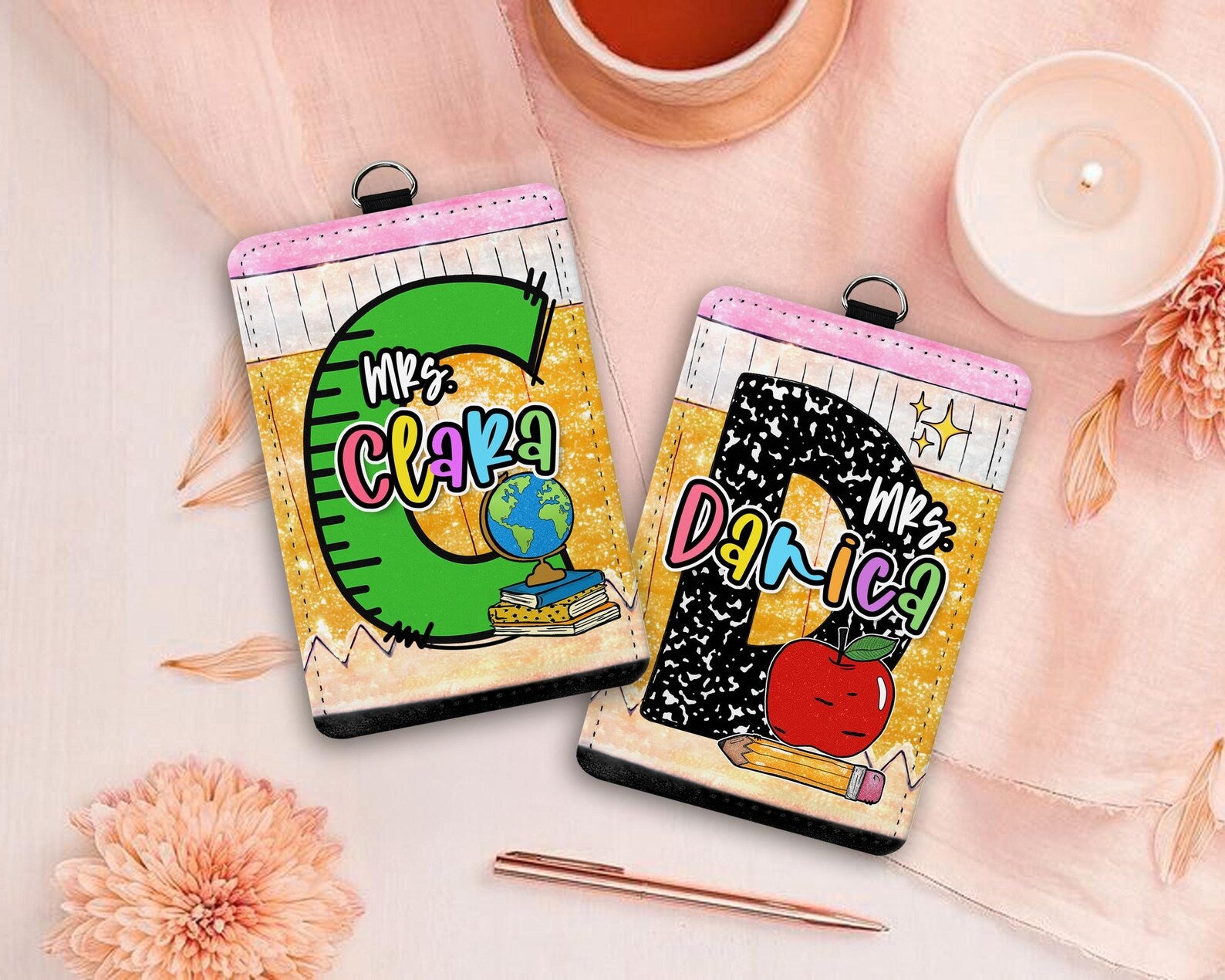 Custom Teacher ID Badge Holder, Faux Glitter Badge Holder, Gift For Teacher, Teacher Appreciation Gift, Back To School Gift From Student. BHBILIMIE2