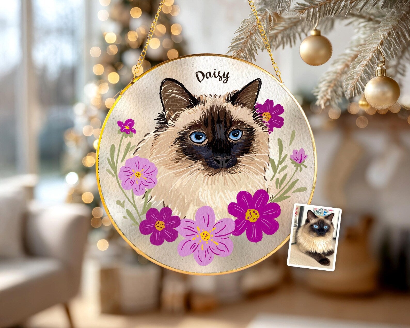 Custom Cat Portrait Glass Suncatcher with Gold Frame & Stand, Pet Memorial Gift, Cat Mom Gift, Loss Of Pet Sympathy Gift, Christmas Decor. SCCBILUMMIE34