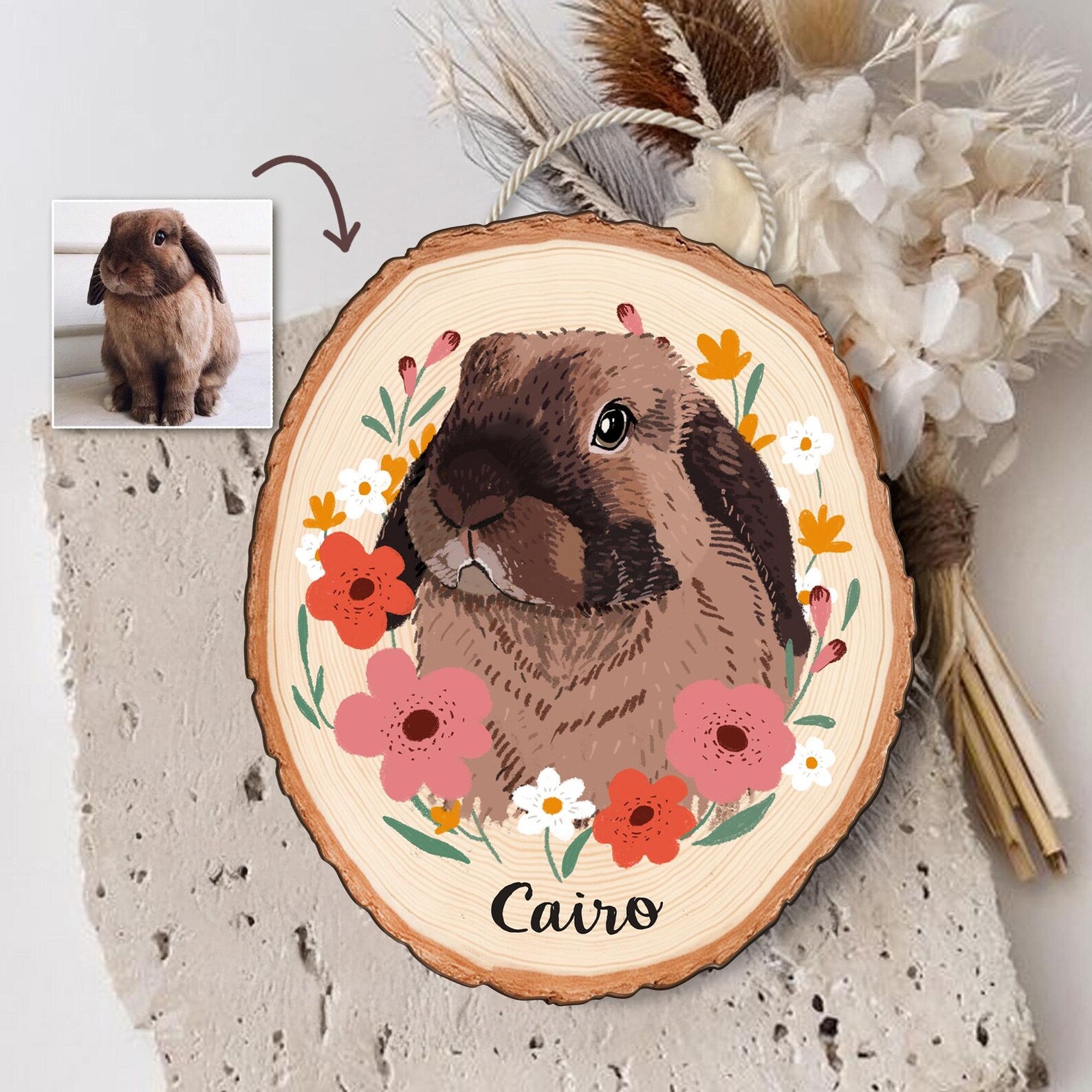 Custom Rabbit Portrait Wooden Hanging, Custom Pet Portrait From Photo, Bunny Memorial Gift, Pet Portrait Wall Art, Pet Loss Sympathy Gift. WHBILUMMIE4