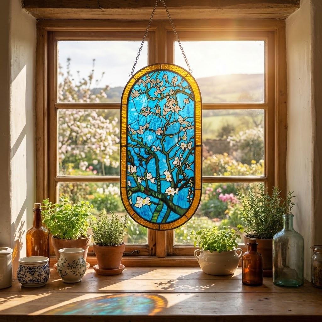 May include: An oval stained glass suncatcher featuring a blue sky background with white flowering tree branches. The piece is framed in a golden yellow border and hangs from a metal chain, displaying a detailed botanical art design.