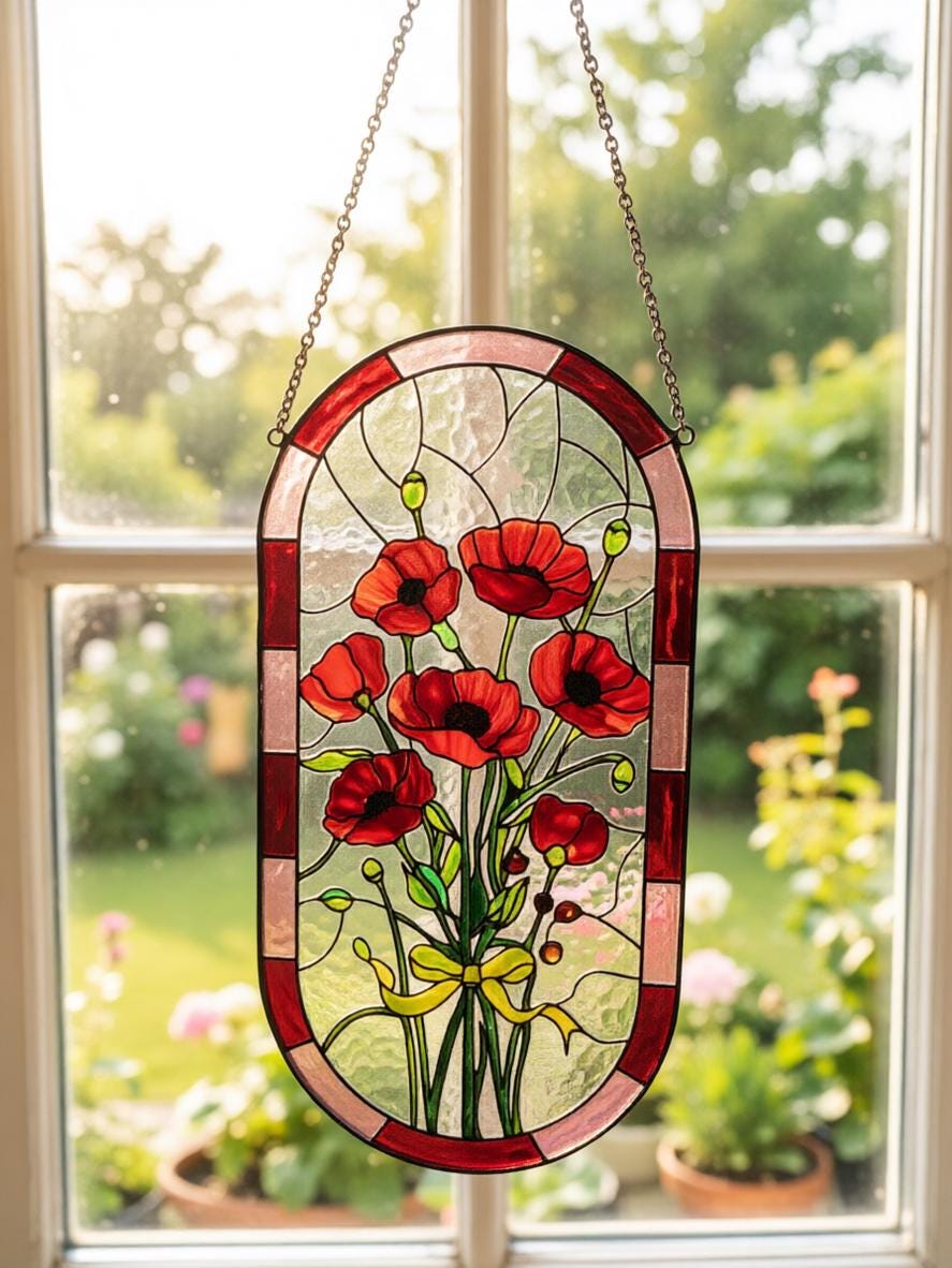 May include: An oval stained glass suncatcher featuring a bouquet of vibrant red poppies with black centers and green stems. The floral design is tied with a yellow ribbon and framed by a border of alternating red and light pink glass segments.