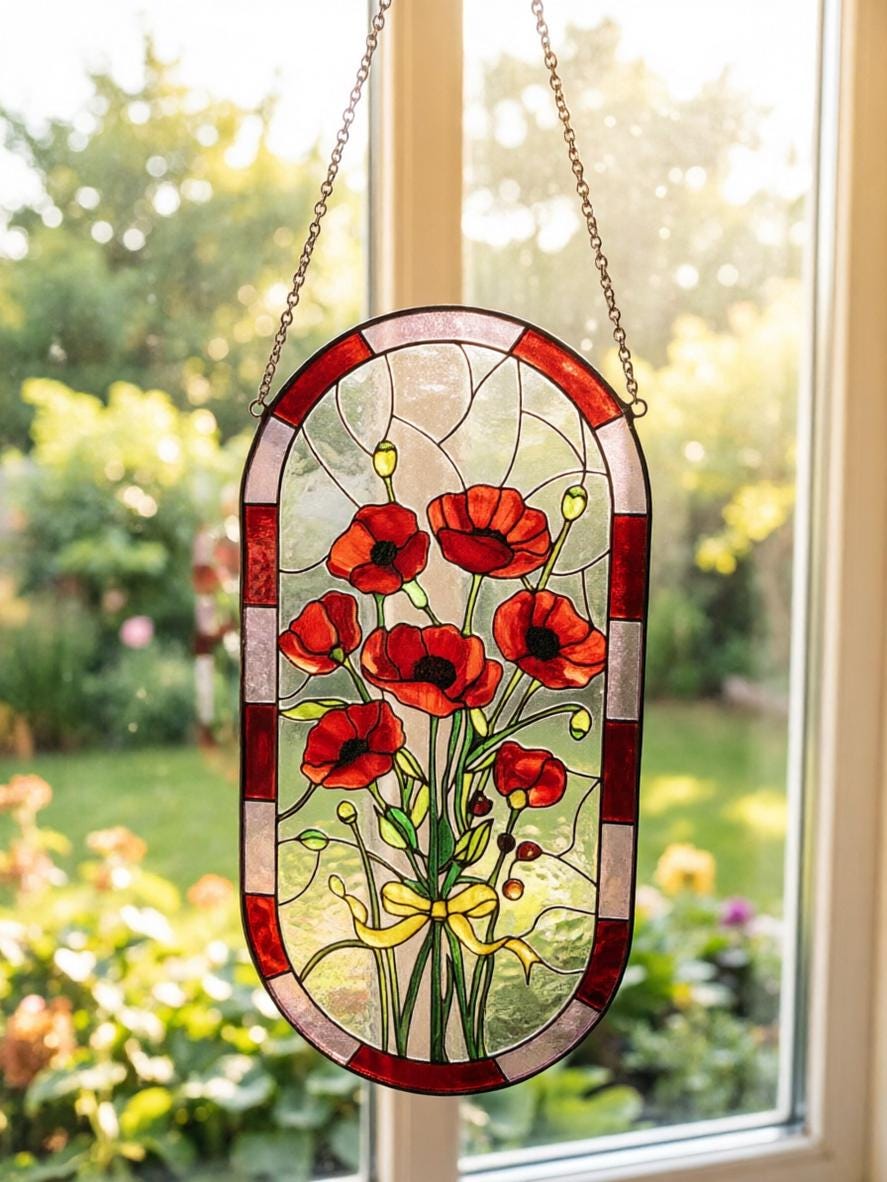 May include: An oval stained glass suncatcher featuring a bouquet of vibrant red poppies with green stems and leaves, tied with a yellow ribbon. The piece is framed by a border of alternating red and clear glass segments and hangs from a metal chain.