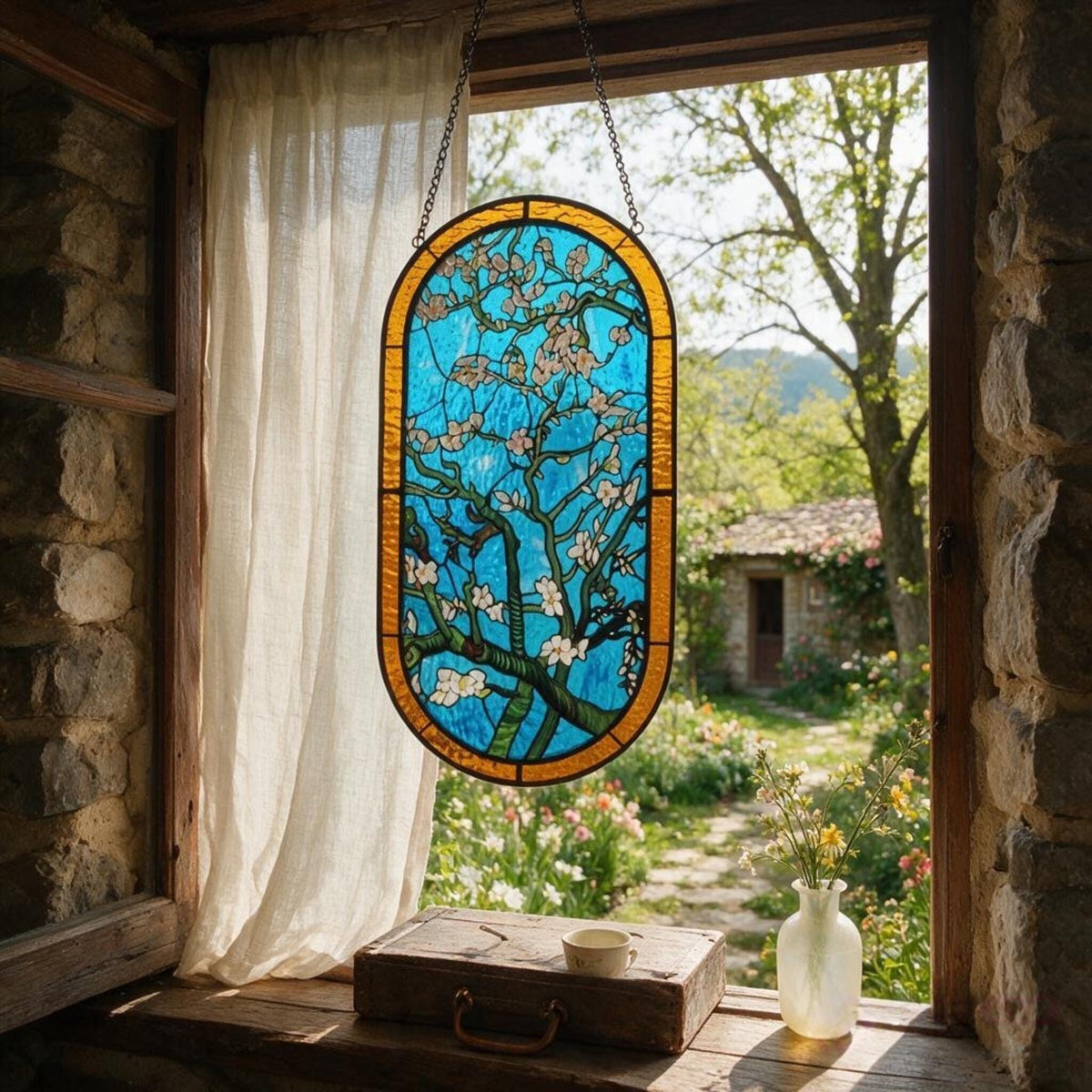 May include: An oval stained glass panel featuring a depiction of a flowering almond tree with white blossoms and brown branches against a vibrant blue sky, suspended by a metal chain within a window frame, showcasing intricate leaded glass work.