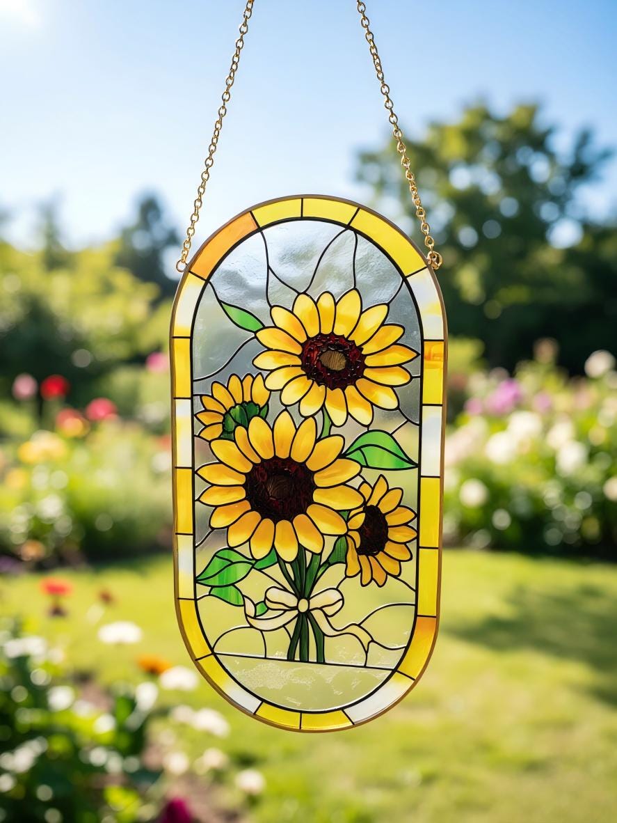 May include: An oval stained glass suncatcher featuring three yellow sunflowers with dark brown centers and green leaves, tied with a cream-colored ribbon. The piece is framed in a yellow border and hangs from a gold-toned metal chain.