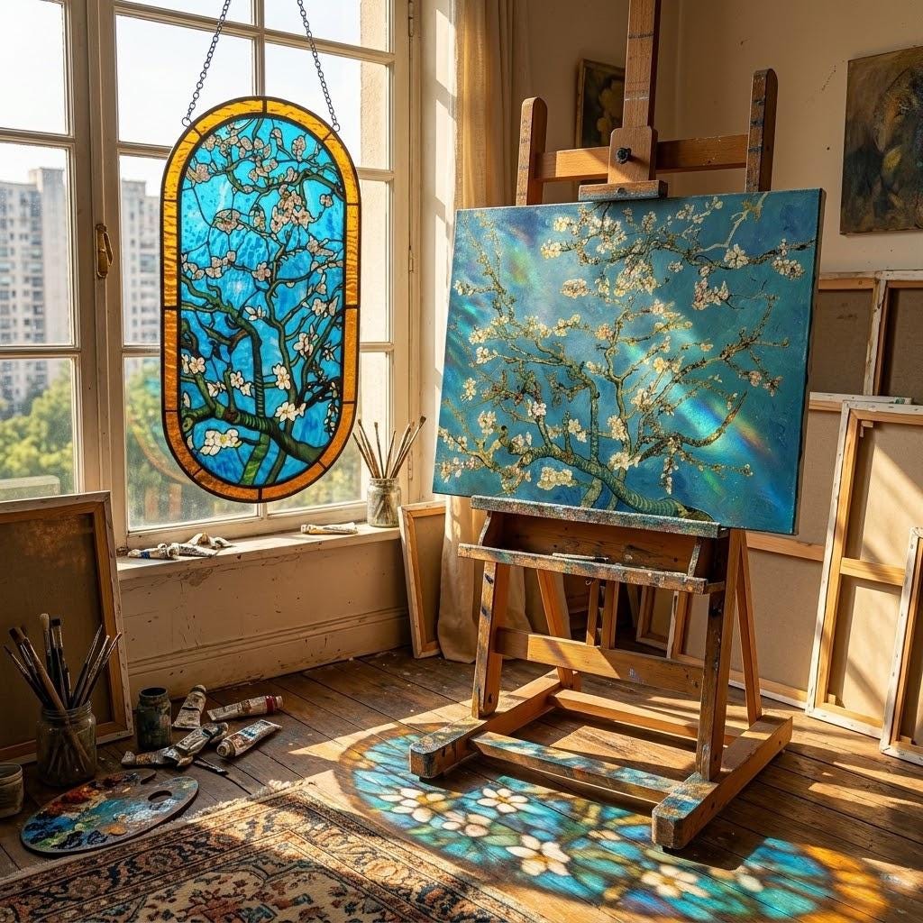 May include: An oval stained glass panel featuring white almond blossoms against a blue sky, hanging in a window. Beside it, a wooden easel holds a canvas painting of the same floral motif, with light casting a colorful floral shadow on the floor.