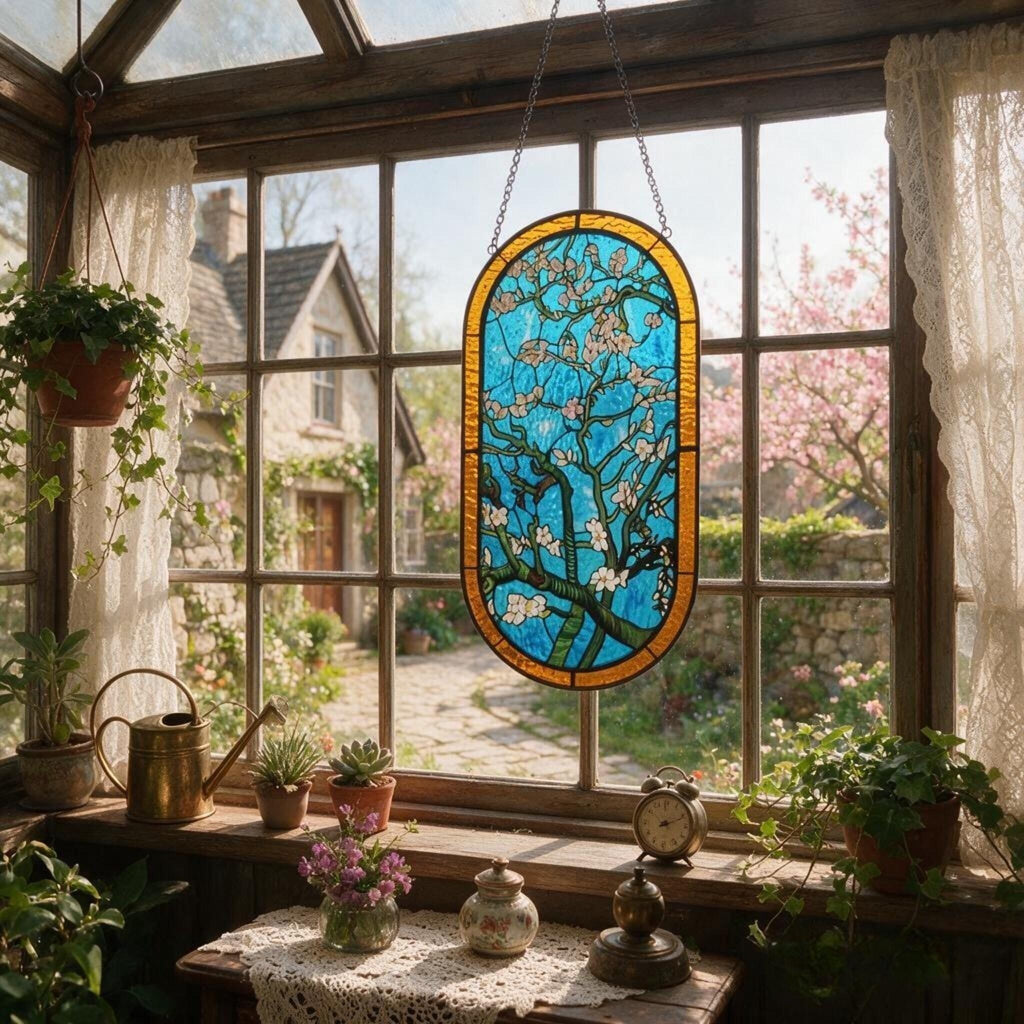 May include: An oval stained glass panel featuring a blue sky background with brown tree branches and white blossoms. The piece is framed in a golden yellow border and hangs from a silver chain, displaying a detailed floral motif in glass.