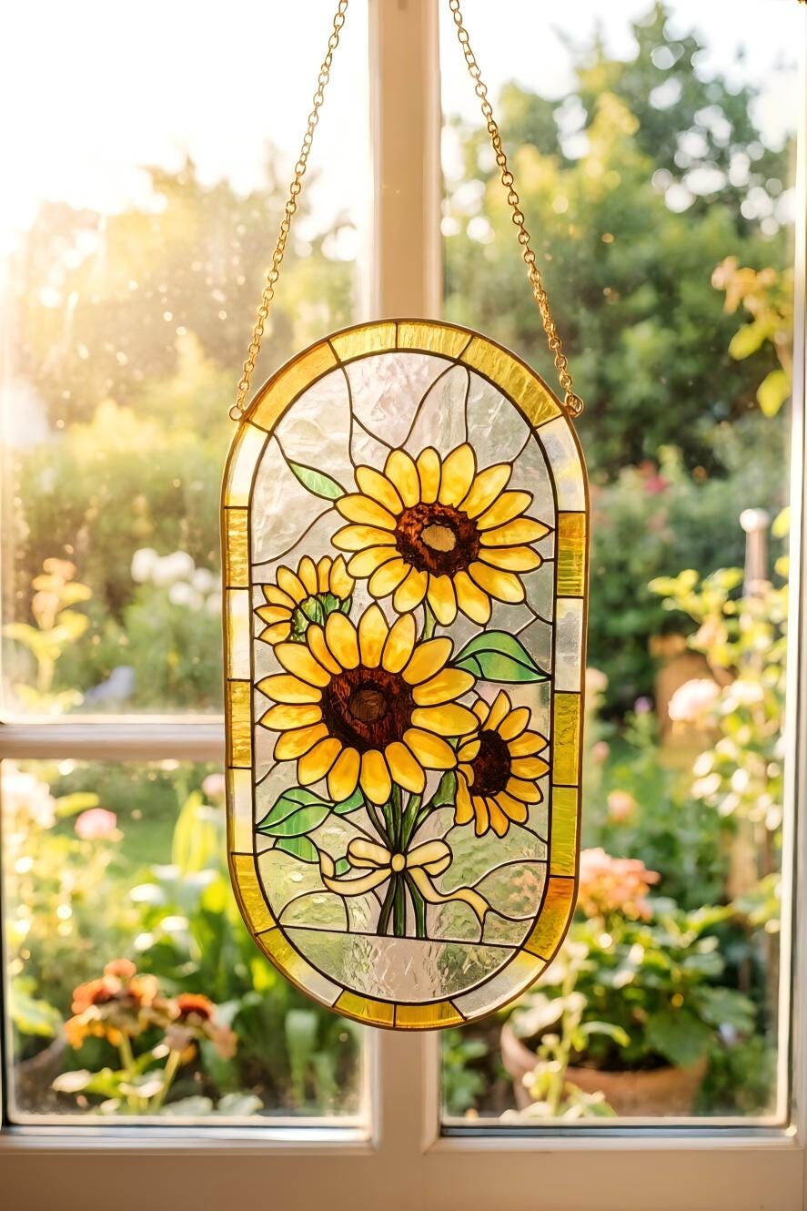 May include: An oval stained glass suncatcher featuring three yellow sunflowers with brown centers and green leaves, tied with a yellow ribbon. The piece is framed in a gold-toned metal border and hangs from a gold-toned chain against a window.
