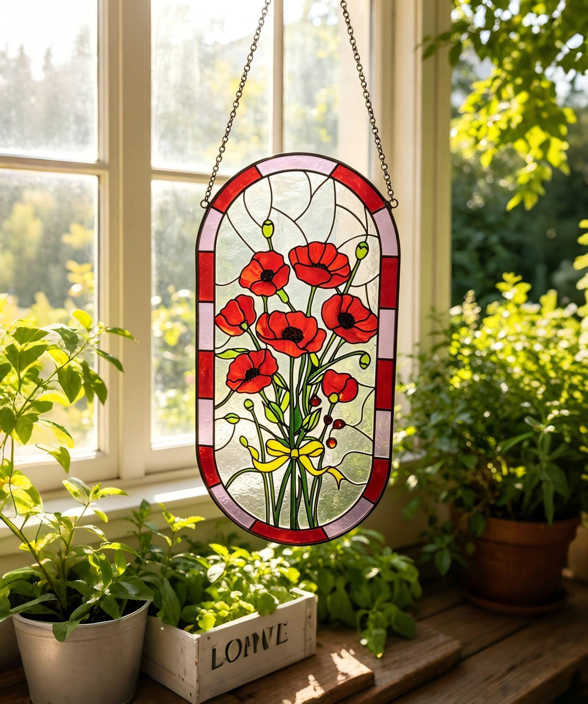 May include: An oval stained glass suncatcher featuring a bouquet of red poppies with green stems and leaves, tied with a yellow ribbon. The piece is framed by a border of alternating red and light pink glass segments and hangs from a metal chain.