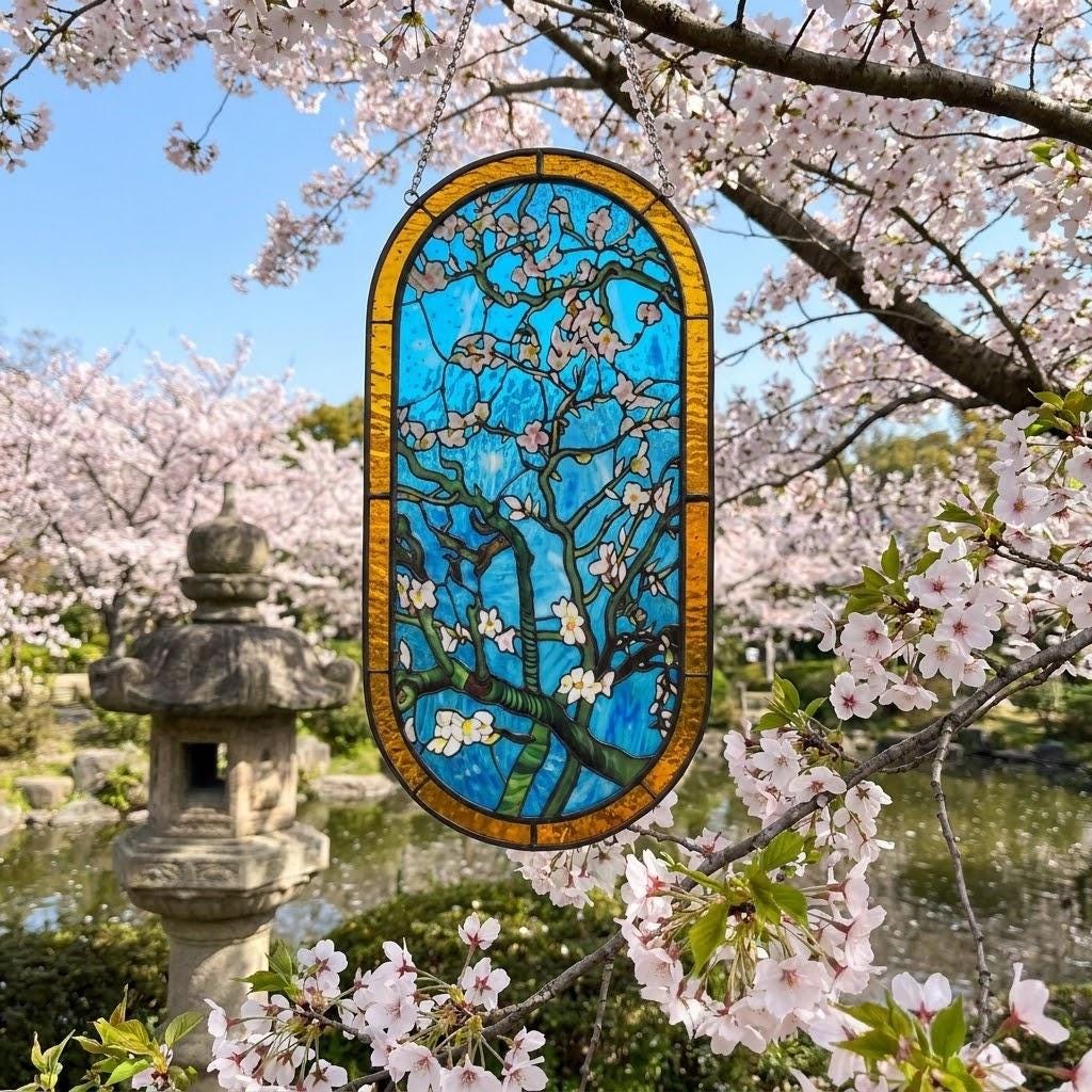 May include: An oval stained glass suncatcher featuring a depiction of flowering almond branches against a bright blue sky. The piece is framed by a textured amber-colored border and is suspended by a thin metal chain for display.