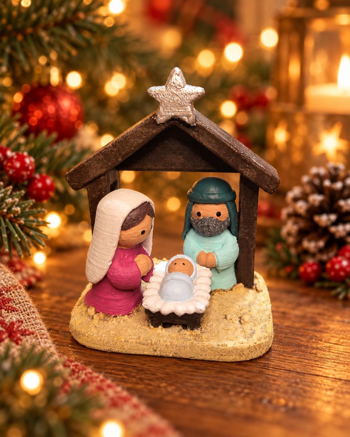 May include: A miniature nativity scene featuring a dark brown wooden stable with a silver star on top. Inside, three figures are positioned on a textured beige base: a person in a magenta robe with a white head covering, a person in a teal robe with a gray beard, and a small infant wrapped in a light blue blanket lying in a white manger.