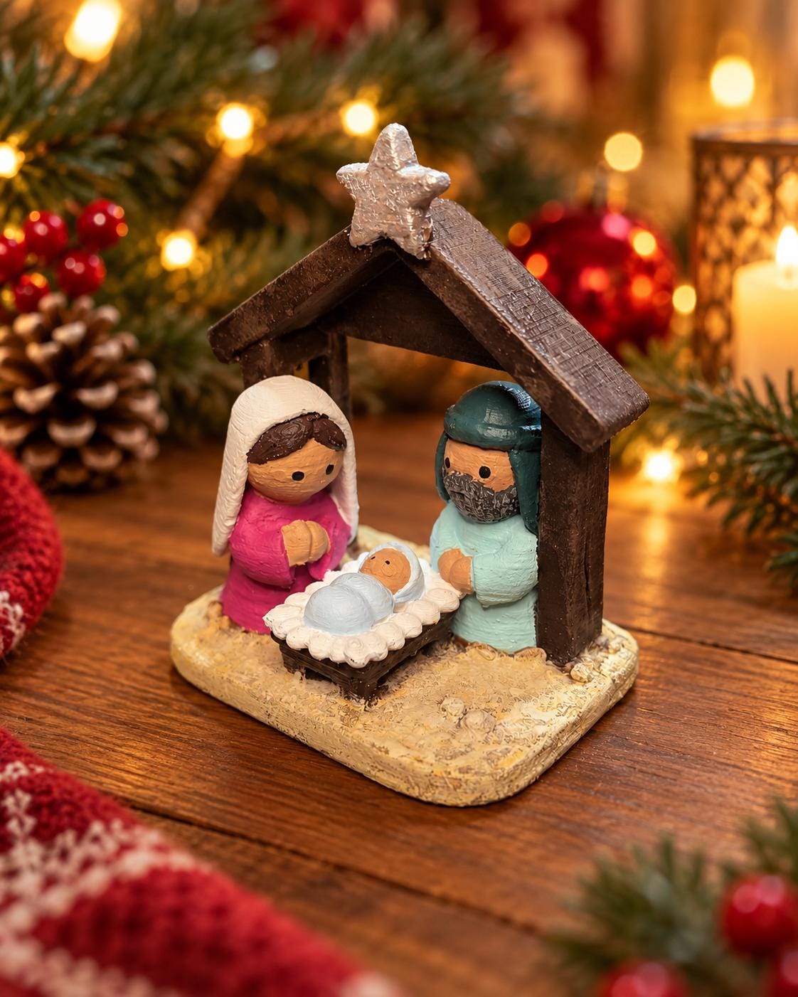 May include: A small nativity scene figurine featuring a brown wooden stable structure topped with a silver star. Inside, three figures are depicted: a person in a pink robe with a white head covering, a person in a light blue robe, and a baby in a white cradle.