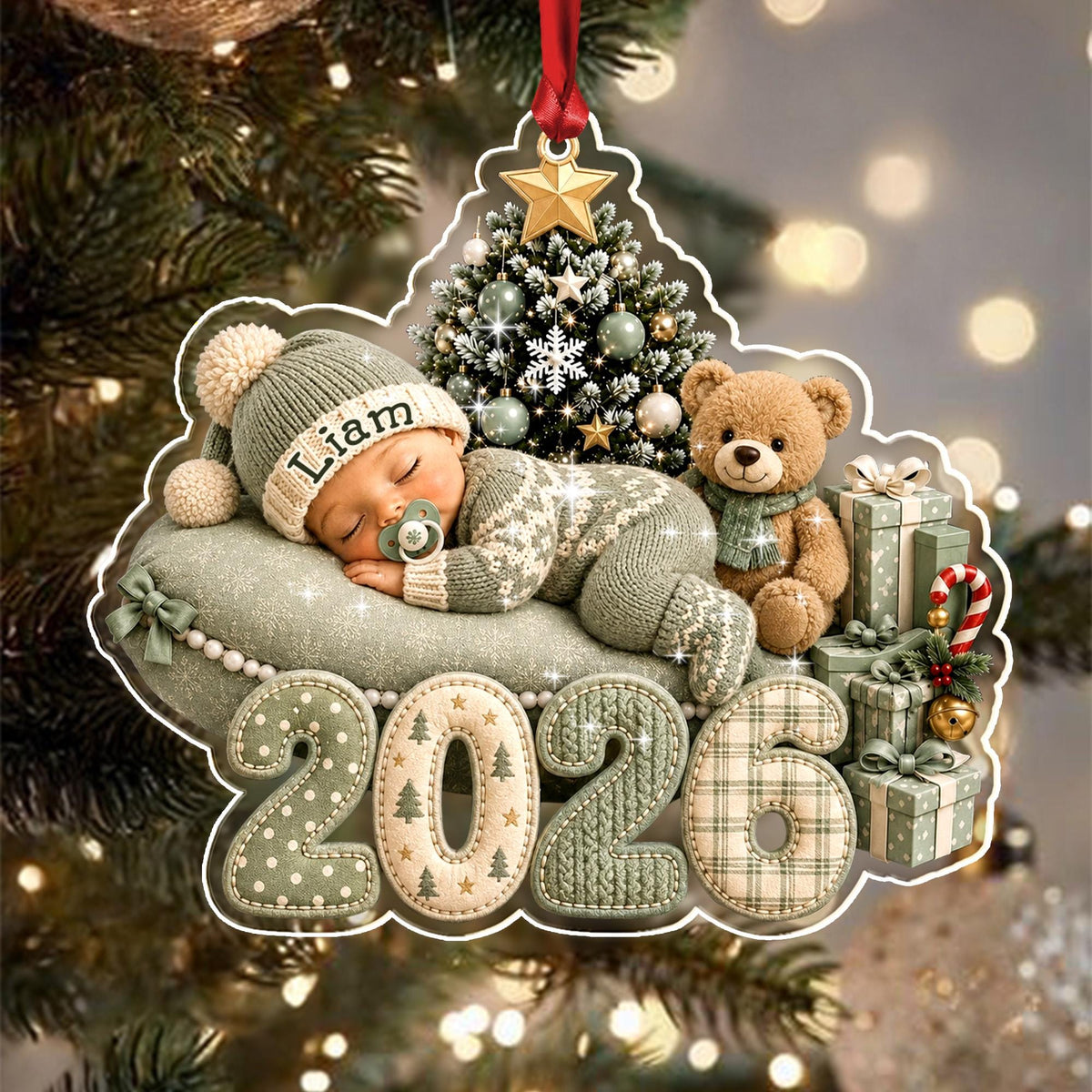 Baby Sleep First Christmas Acrylic 2D Flat Ornament, Custom Newborn Name Keepsake