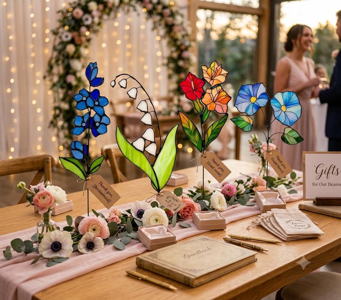 Birth Month Flower Wedding Stained Glass with Stand - Personalized Wedding Favor, Bridesmaid Proposal Gift, Unique Floral Wedding Decor