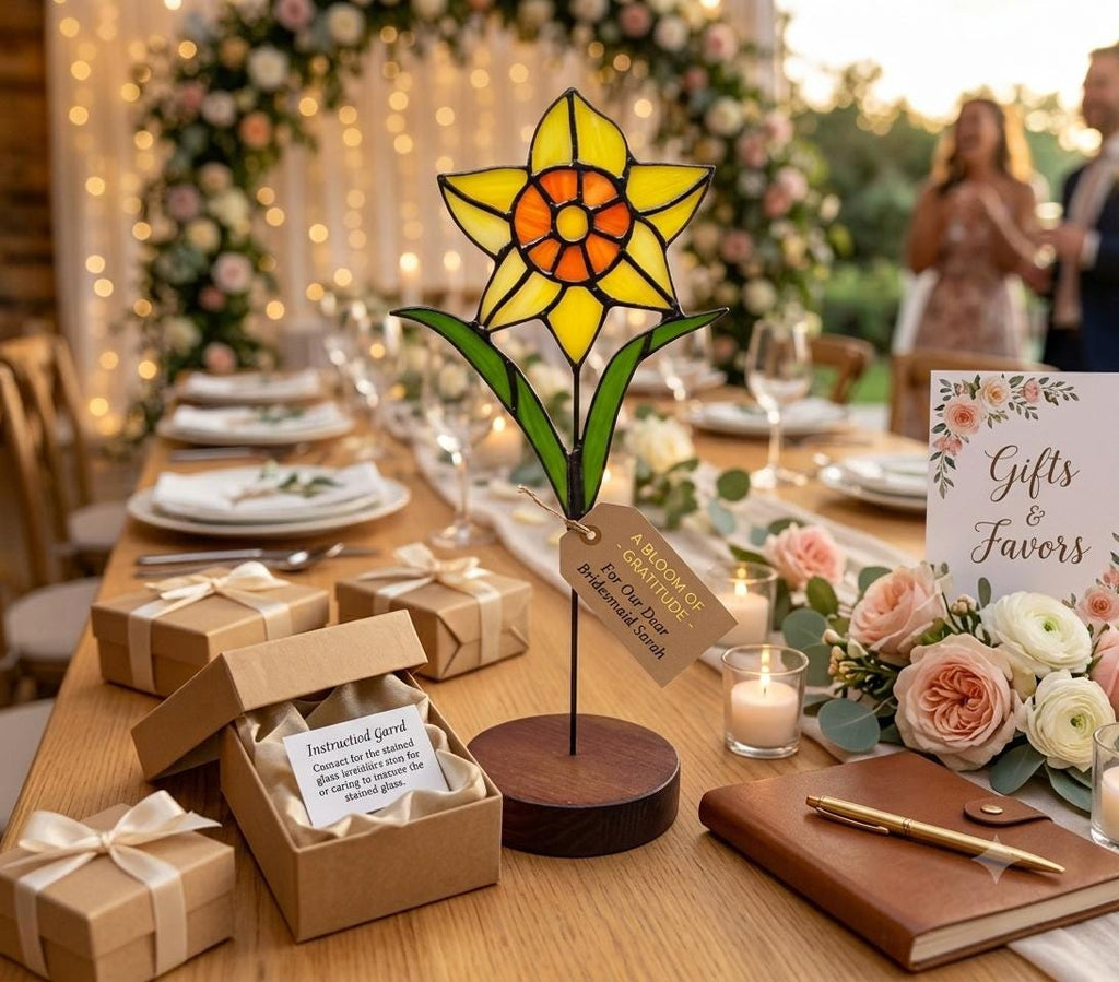 Birth Month Flower Wedding Stained Glass with Stand - Personalized Wedding Favor, Bridesmaid Proposal Gift, Unique Floral Wedding Decor