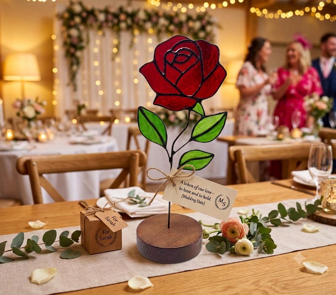 May include: A stained glass rose with deep red petals and green leaves, mounted on a circular dark wood base. A small beige tag tied with twine reads: A token of our love - to have and to hold. [Wedding Date] MS. A small brown gift box is nearby.