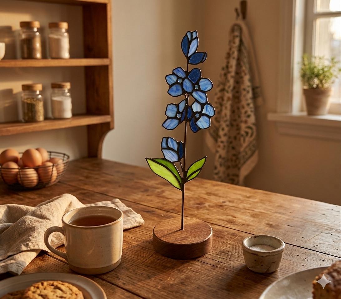 May include: A stained glass flower sculpture featuring multiple blue petals and green leaves attached to a thin metal stem. The sculpture is mounted on a circular wooden base, showcasing a vertical arrangement of floral elements with dark solder lines.
