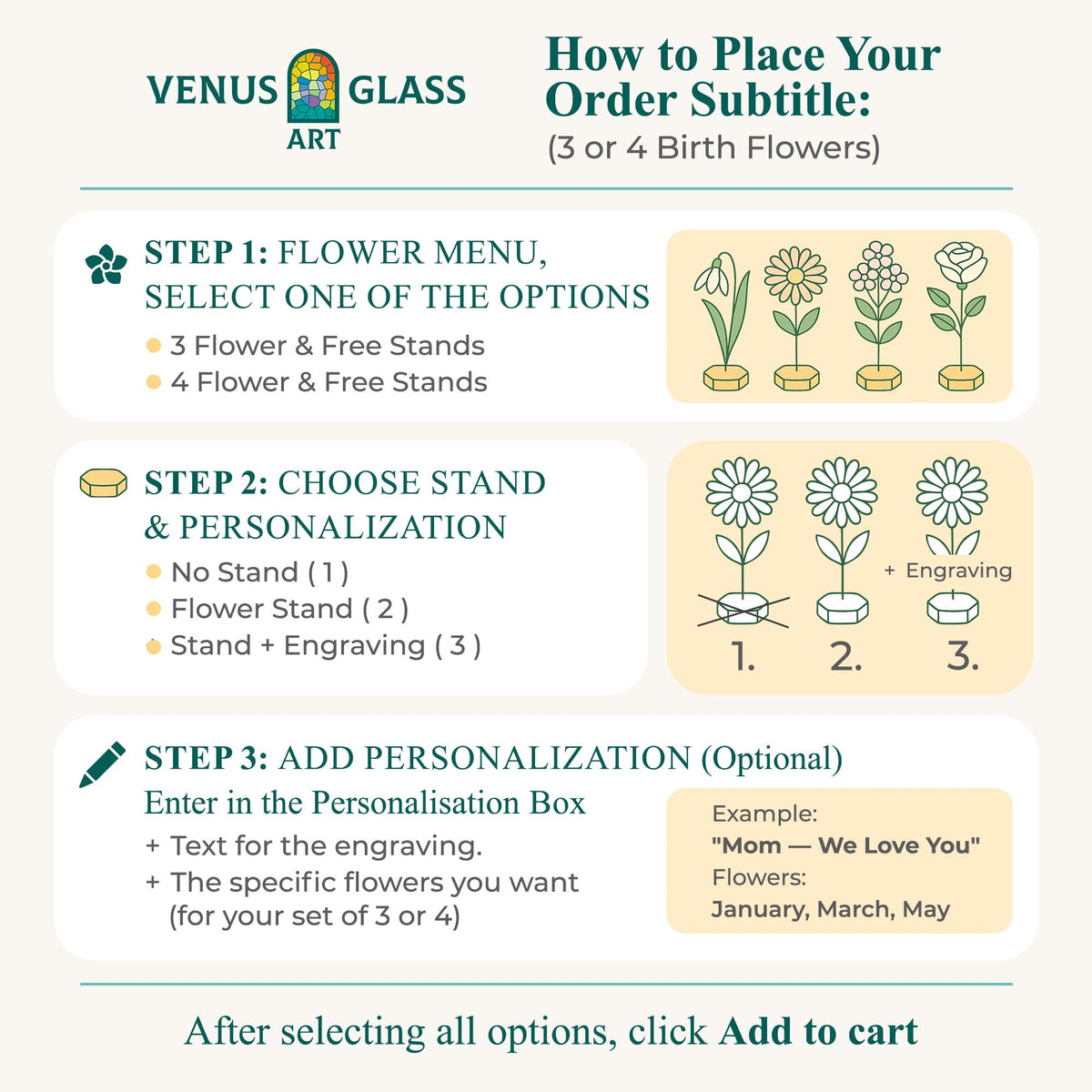 May include: An instructional graphic for Venus Glass Art titled How to Place Your Order Subtitle: (3 or 4 Birth Flowers). It outlines three steps for selecting flower options, choosing stands with optional engraving, and adding personalization text.