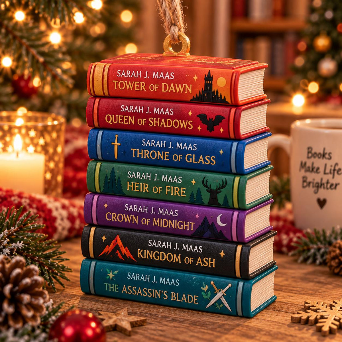 May include: A decorative ornament featuring a stack of seven miniature books by Sarah J. Maas, including Tower of Dawn, Queen of Shadows, Throne of Glass, Heir of Fire, Crown of Midnight, Kingdom of Ash, and The Assassin's Blade, hanging by a rope.