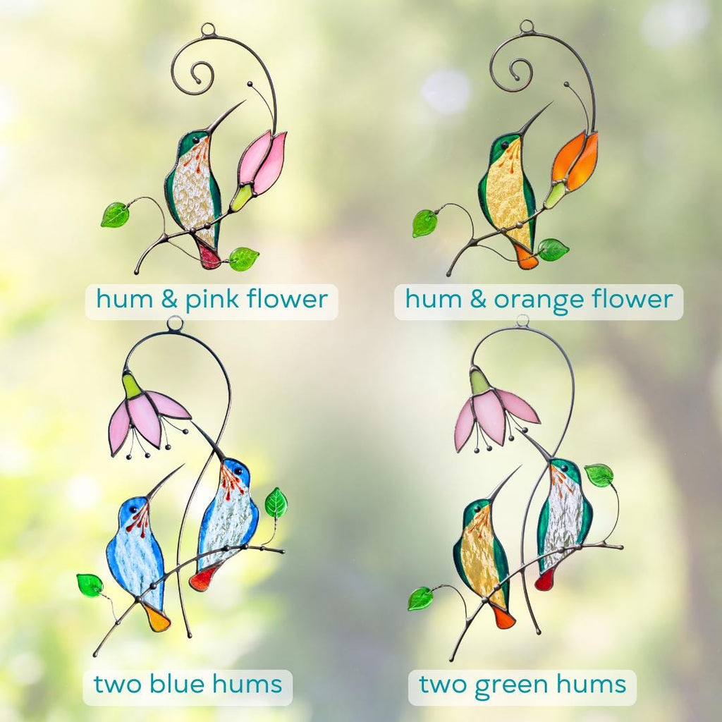 the collage of hummingbirds made of stained glass