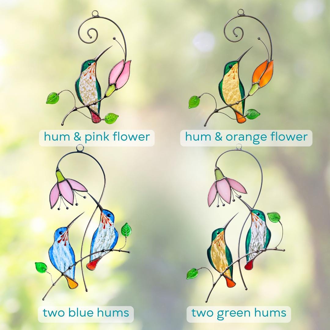 the collage of hummingbirds made of stained glass