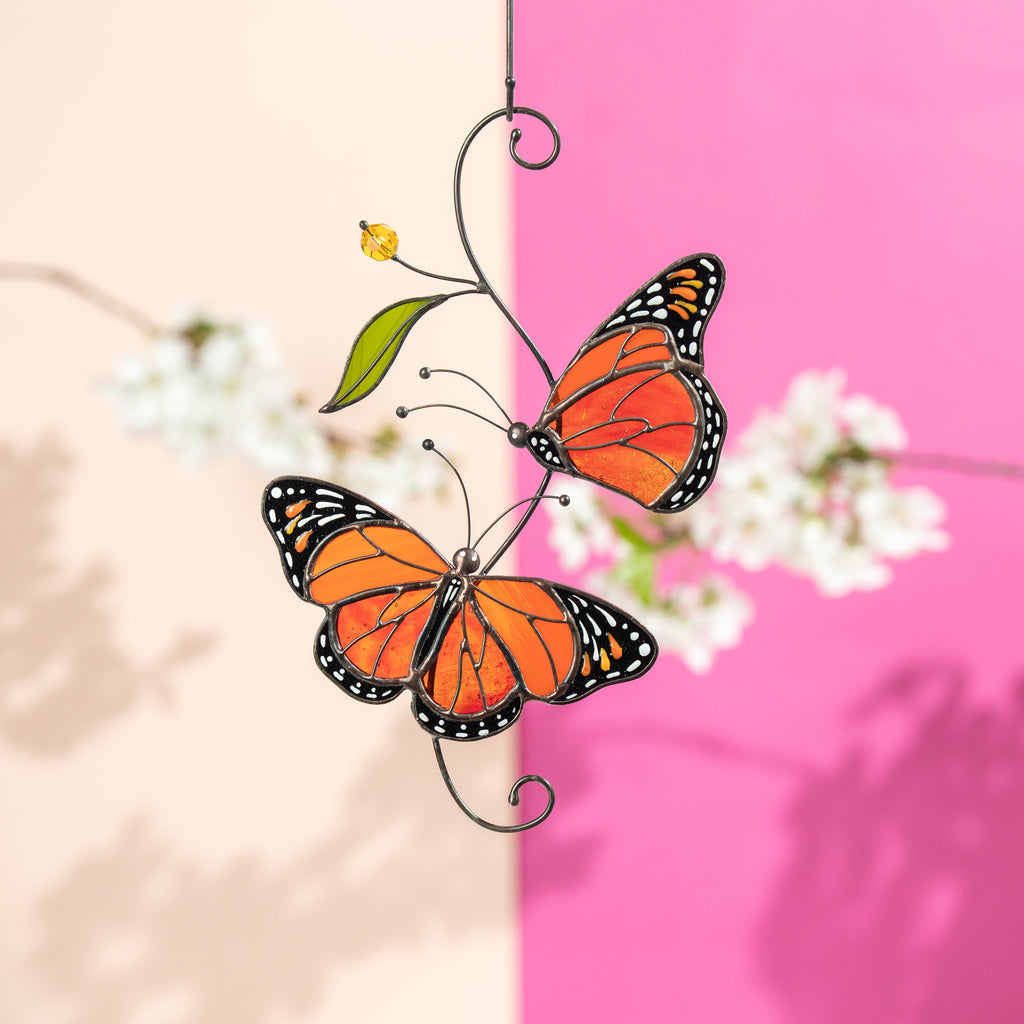 Monarch butterflies stained glass decor for window