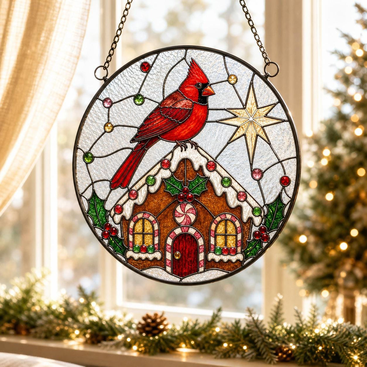 May include: A circular stained glass suncatcher featuring a red cardinal perched on a gingerbread house roof. The design includes a yellow star, green holly leaves, and small colorful glass accents. The piece is suspended by a metal chain.