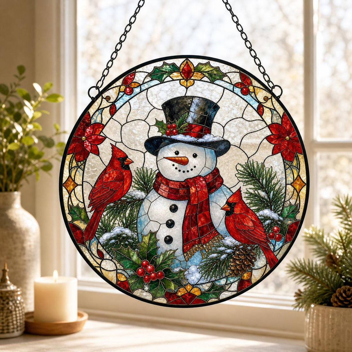 May include: A circular stained glass suncatcher featuring a central snowman wearing a black top hat and a red plaid scarf. Two red cardinal birds are perched on pine branches with holly leaves and berries. The piece hangs from a black chain.